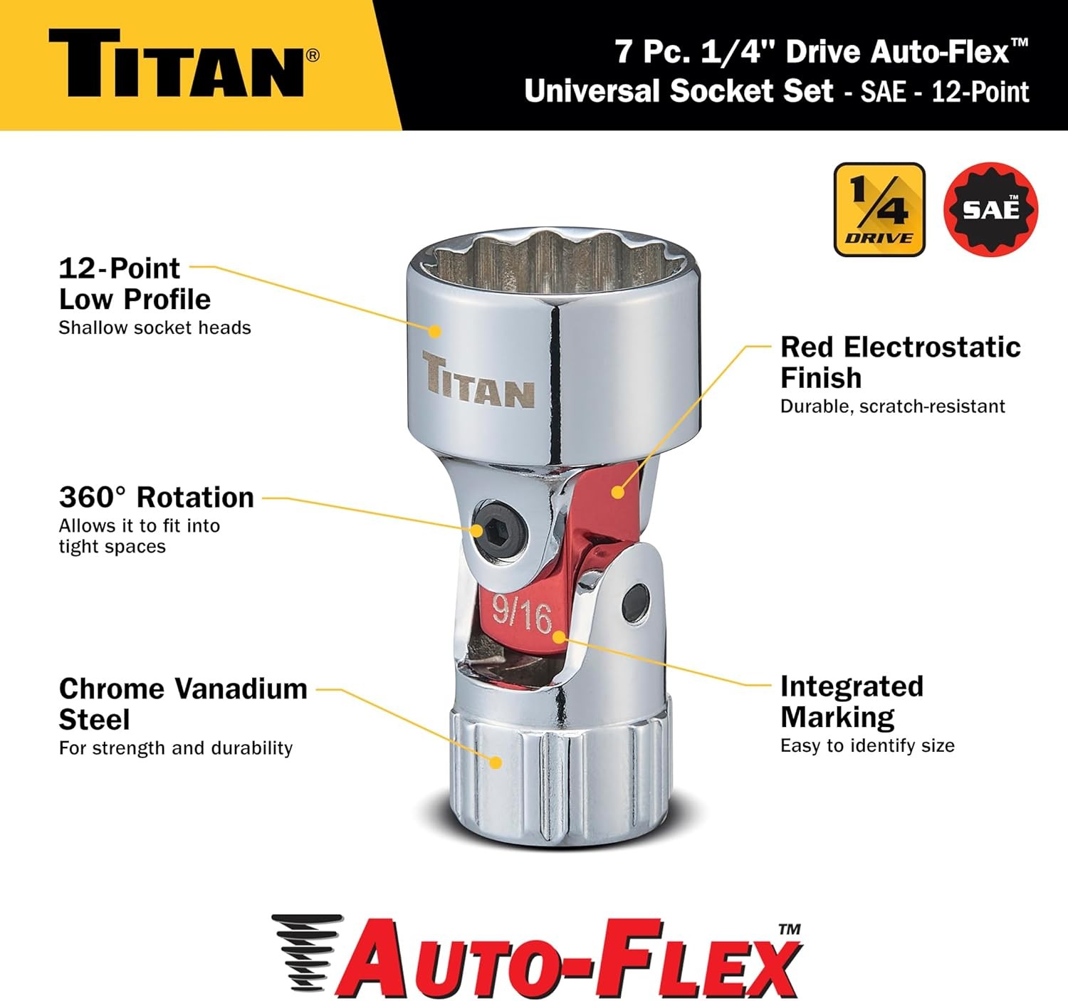 Titan Tools Auto Flex Universal Socket Set – SAE, 1/4″ Drive, 7 Piece (66860)