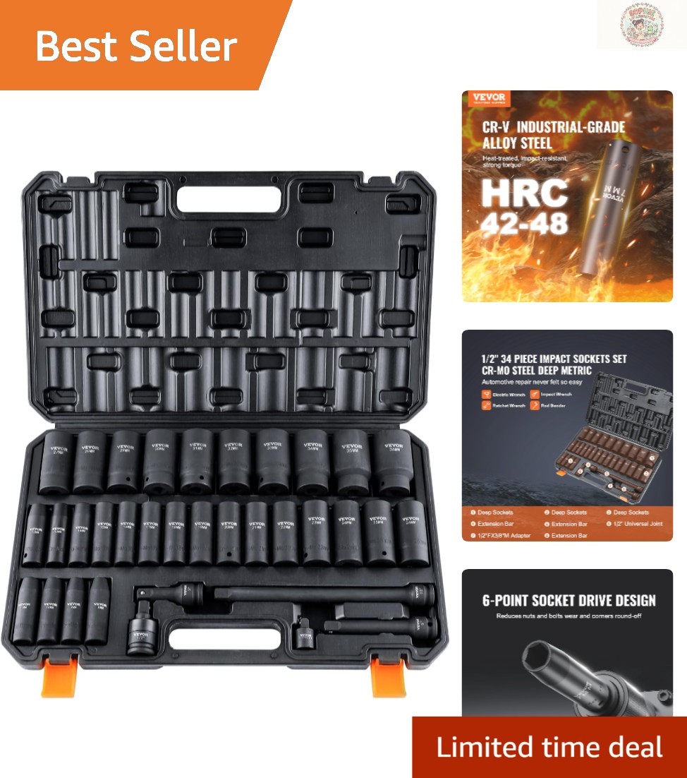 Comprehensive 34-Pc 1/2″ Drive Impact Socket Set – High Torque Cr-MO Quality