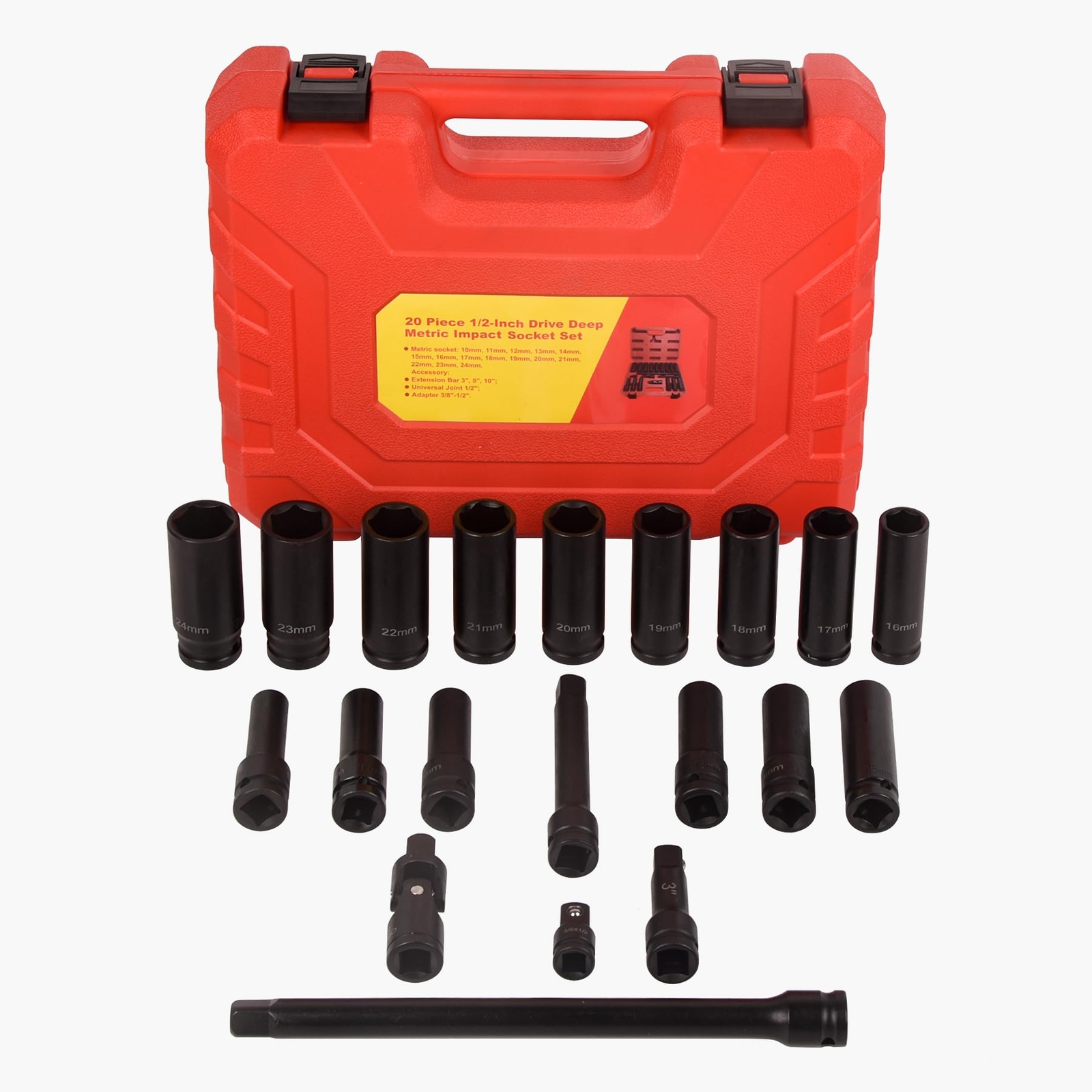 20Pcs 1/2″ Drive Deep Impact Socket Set Extension Bars Universal Joint Set