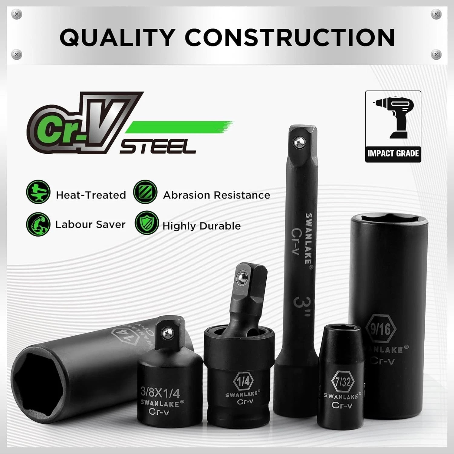 SWANLAKE 56-Piece Chrome Vanadium Impact Socket Set with Laser-Etched Markings