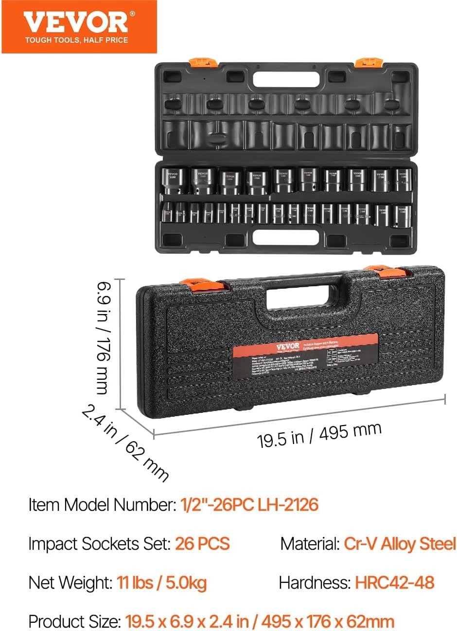 Impact Socket Set 26-Piece Alloy Steel Metric 10-36mm Heavy-Duty Wrench