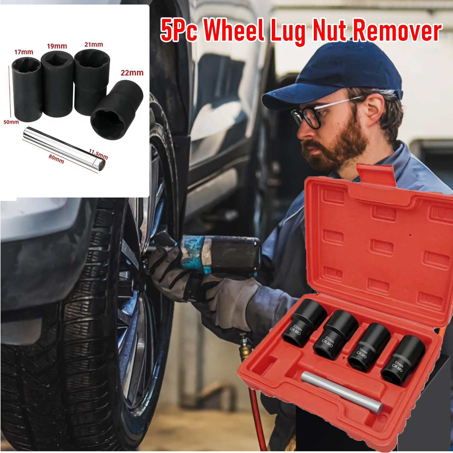 Lug Nut Removal Tool, 5 Pieces Twist Socket Set 1/2 Inch Drive 17 19 21 22mm
