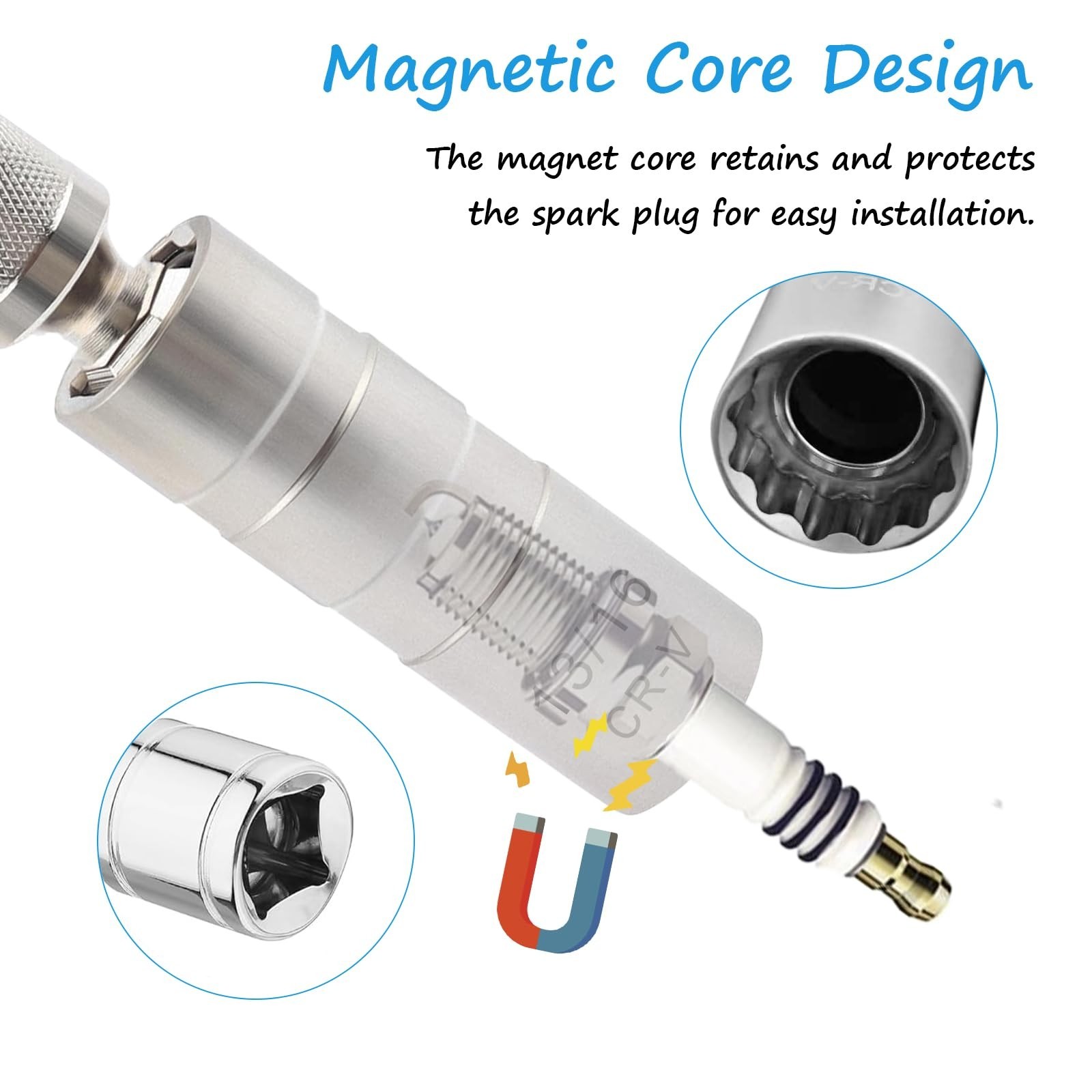 13/16″ Thin Walled Magnetic Spark Plug Socket Set, 3/8″ Drive Swivel Tool