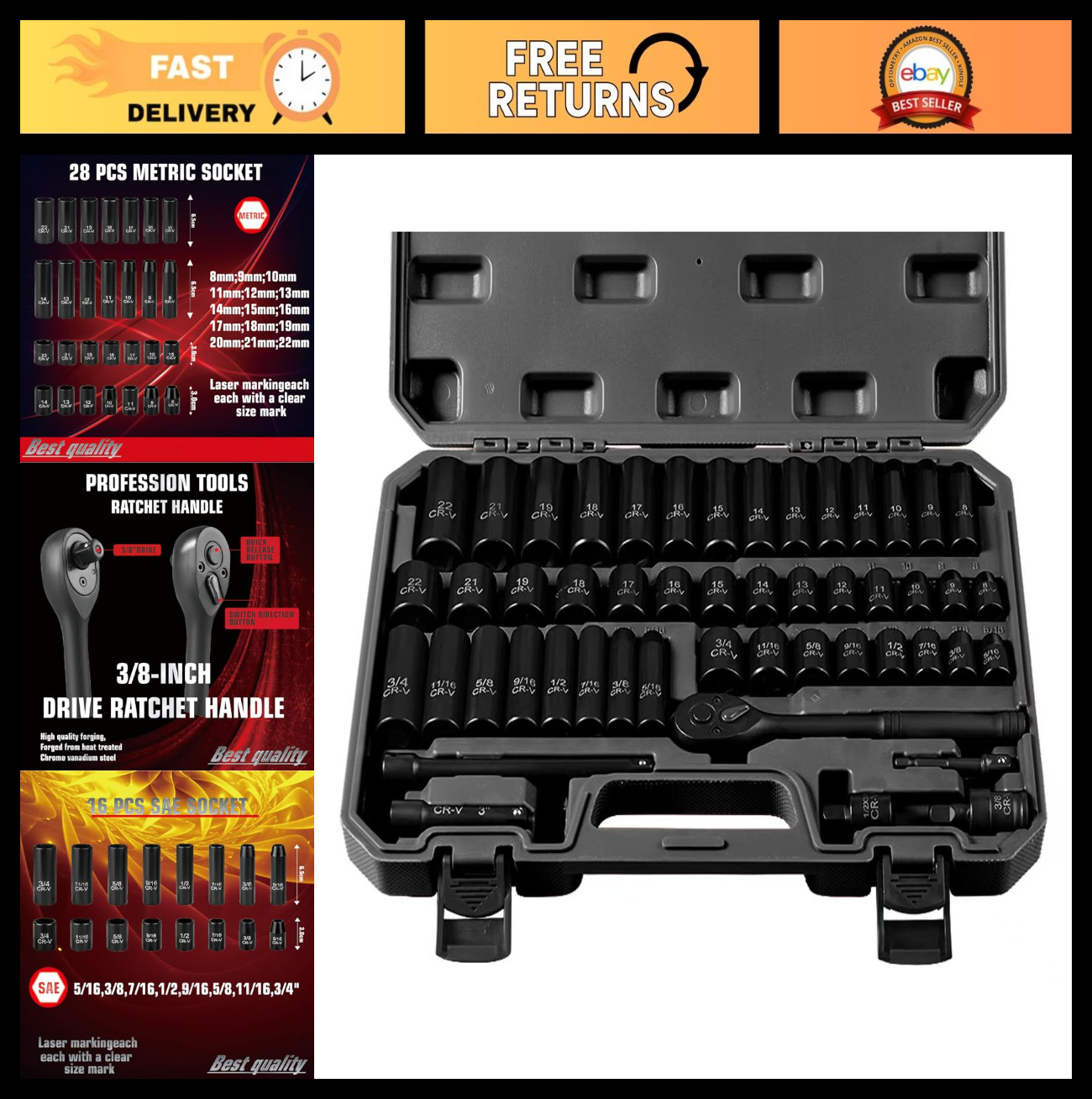 50-Piece Impact Socket Set 3/8″ Drive, SAE & Metric, Deep/Shallow, Ratchet Handl