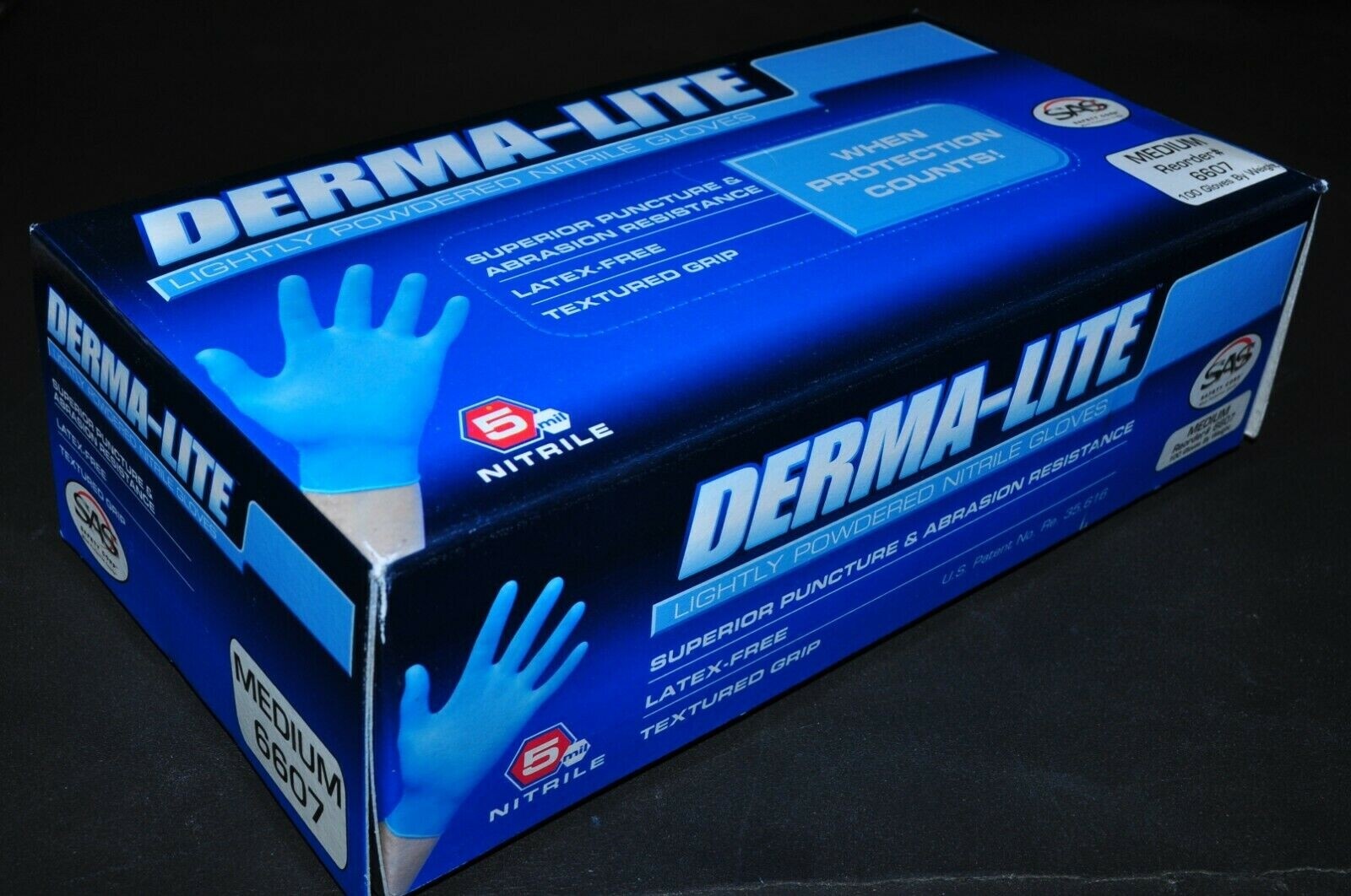 Gloves Derma-Lite Exam Grade Nitrile size: M 100 pk 5 Mil SAS #6607