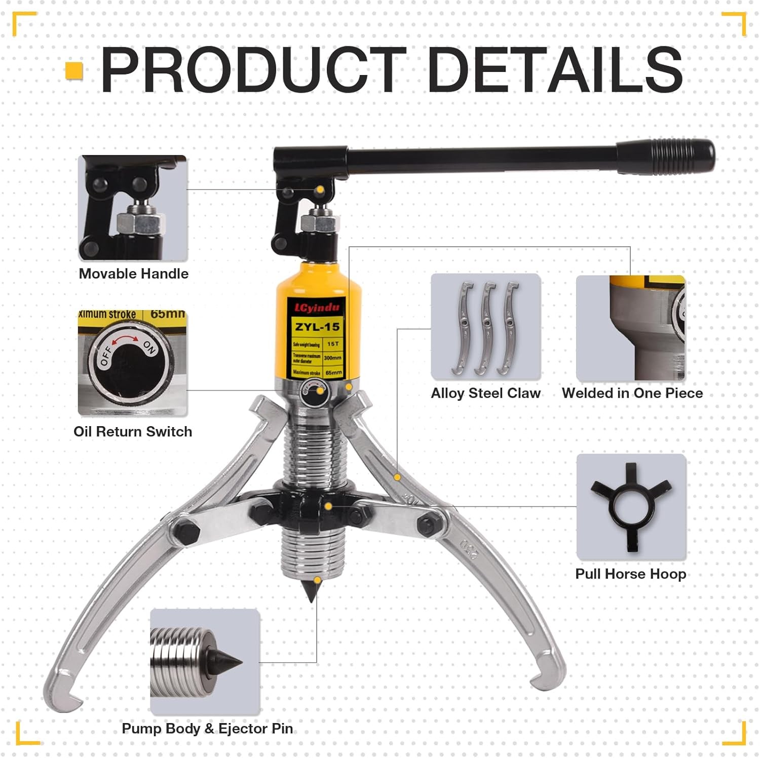 Hydraulic Gear Puller, 15T Puller Kit Bearing 15 Ton, Yellow