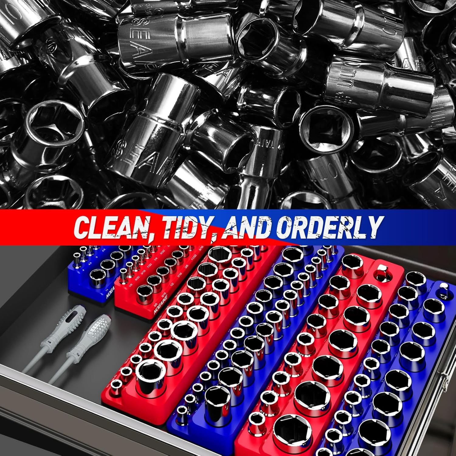 3/8 Inch Magnetic Socket Organizer,2-Pack Metric &SAE Sockets Holder Set