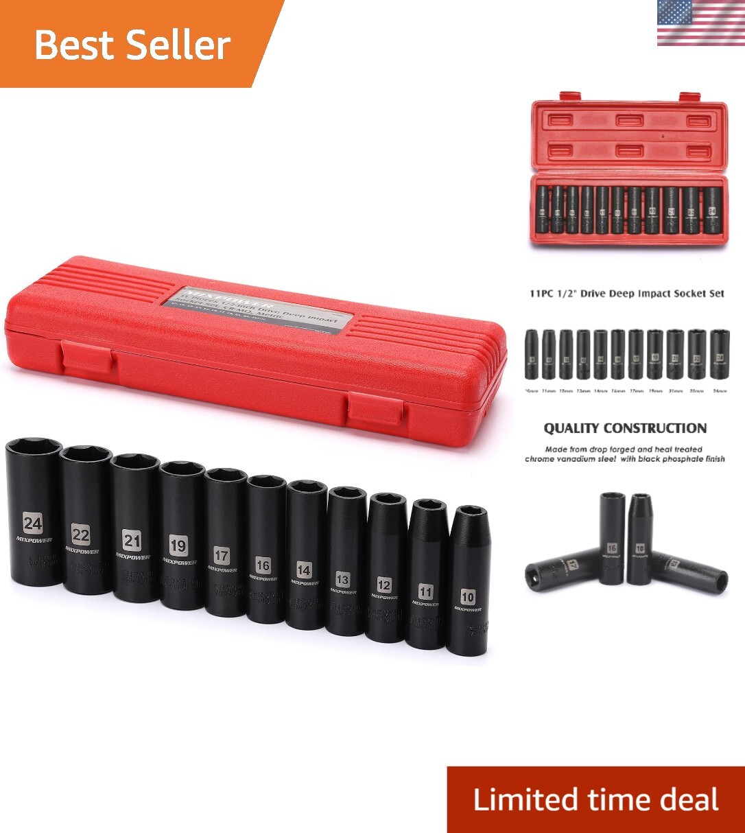 Professional Grade 11-Piece Metric Impact Socket Set with Laser Marked Sizes