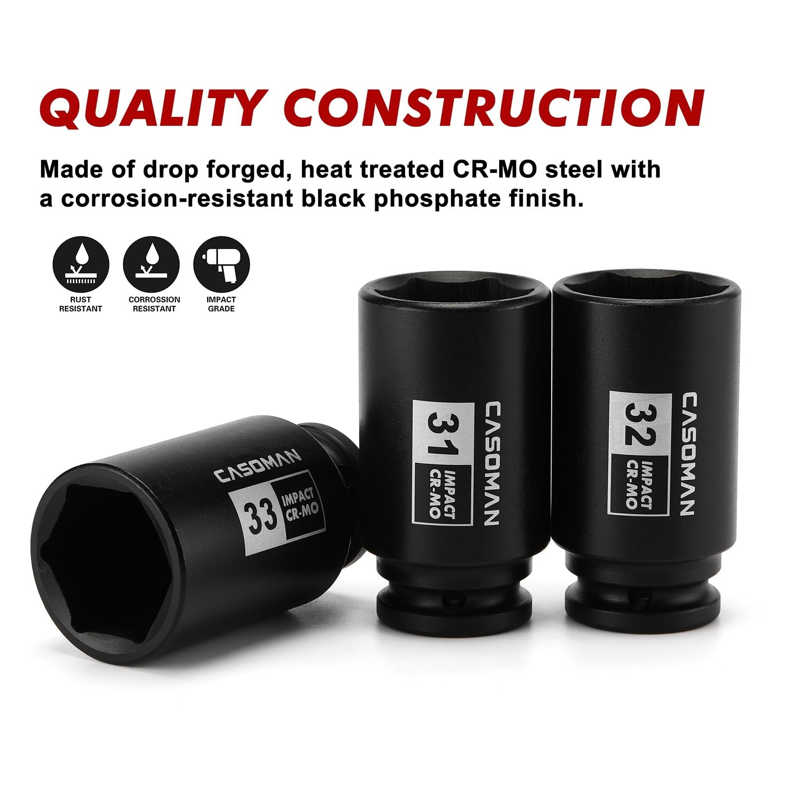 Large 1/2″ Drive Deep Impact Socket Set, 9-Piece, 6 Point, Metric 29mm-38mm, CR-