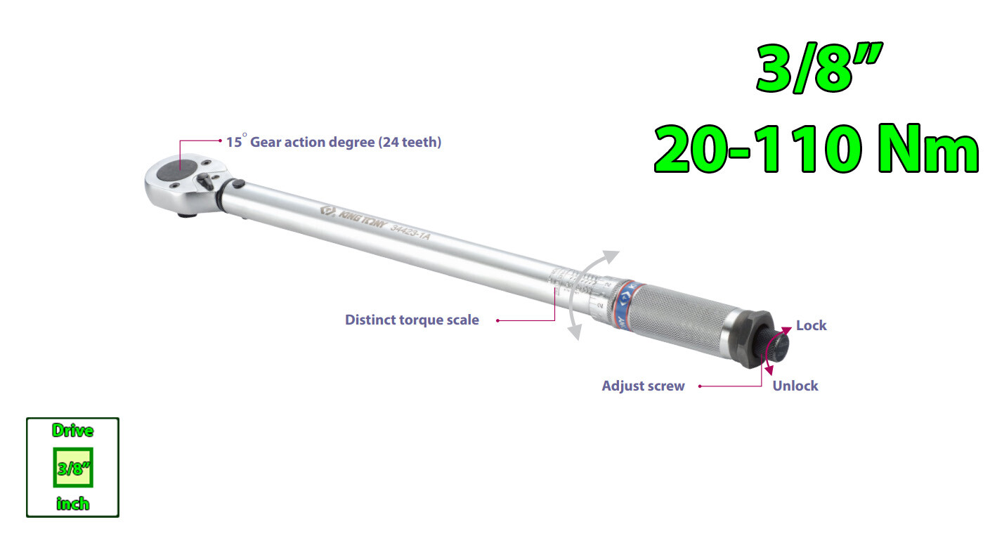 3/8″ Adjustable Torque Wrench (Newton Meter & Kilogram) 20-110 Nm KING TONY