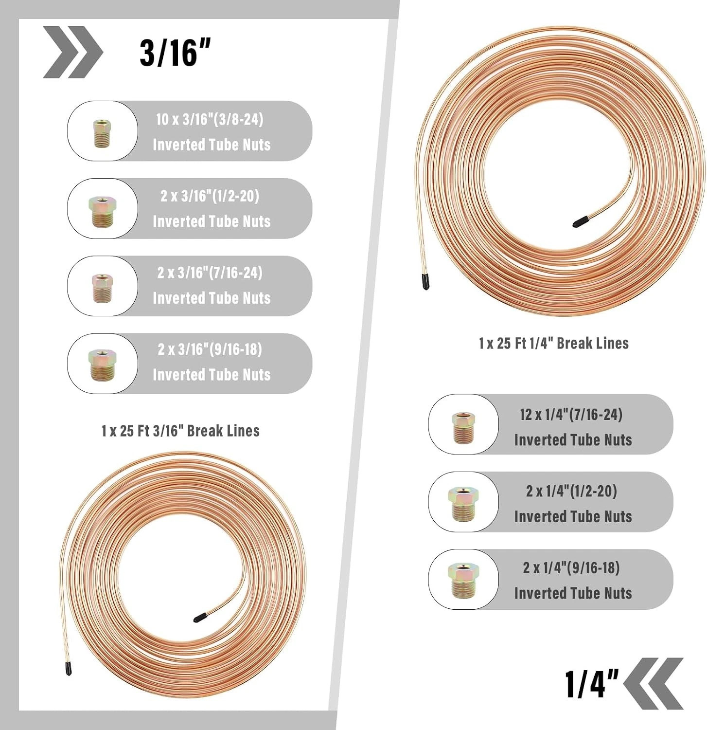 3/16″ Brake Line Kit + 1/4 25FT Copper Pipe Flaring Tool 32 Fittings Nuts