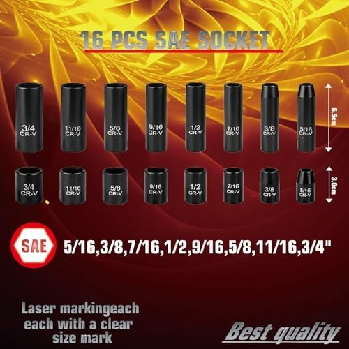 50-Piece Impact Socket Set 3/8″ Drive, SAE & Metric, Deep/Shallow, Ratchet Handl