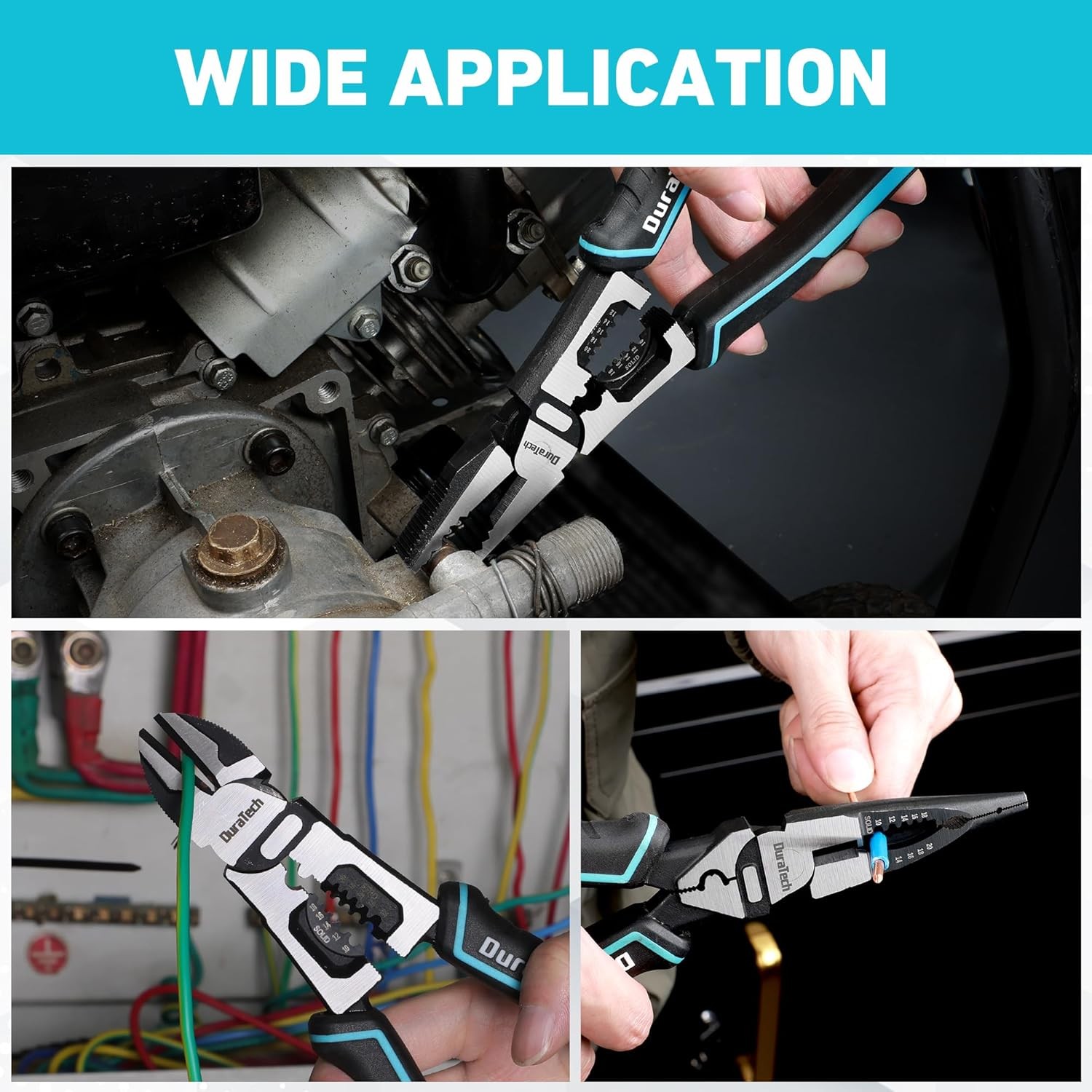 DURATECH 3PCS Pliers Set, Large 6 in 1 Multifunctional Wire Stripper Black