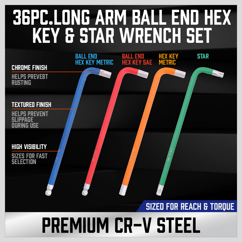 36 Pc Hex Key Allen Wrench Set Ball End Long Arm SAE Metric Star Color L Wrench