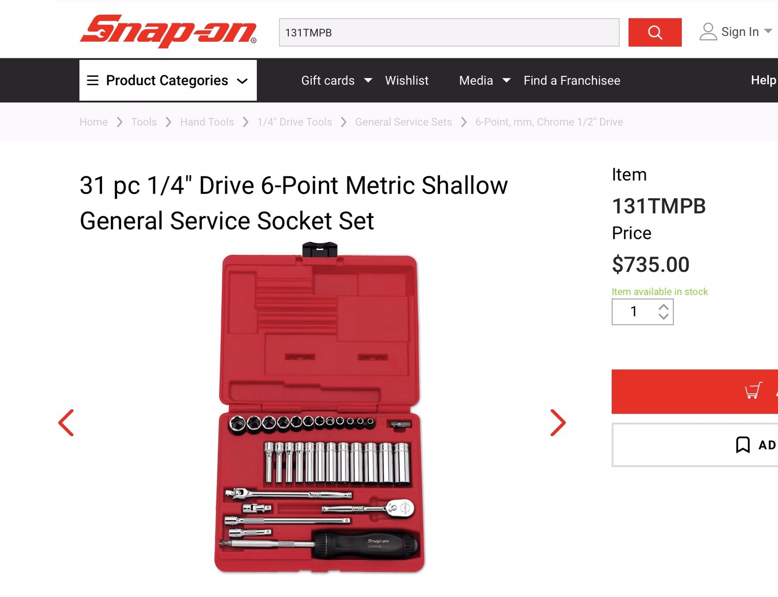Snap On#131TMPB-31Pc.1/4”Dr.,6 Pt. Metric Deep/Shallow Gen. Svc. Socket Set-MINT
