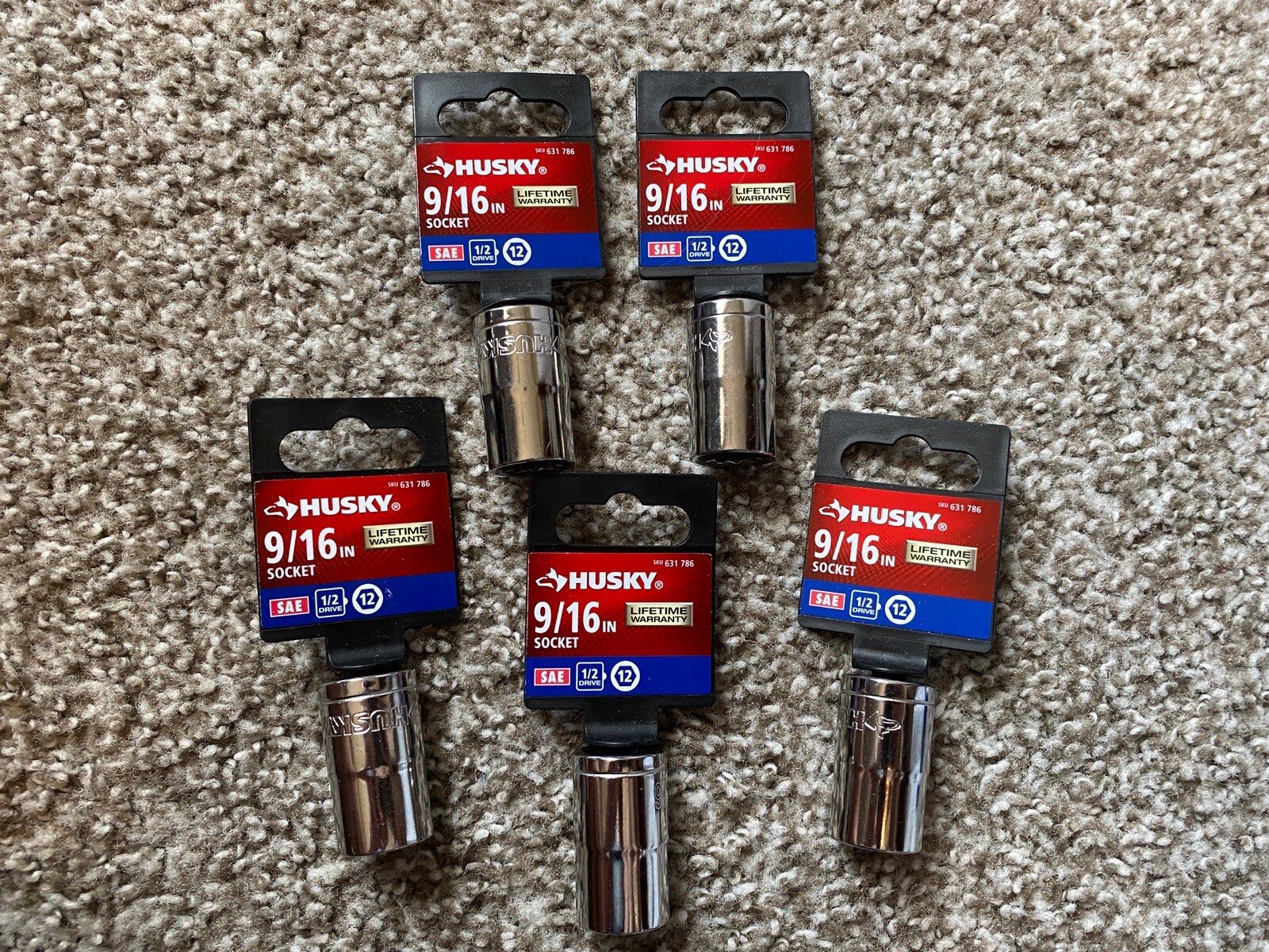 Lot of 5, Husky 1/2 in. Drive 9/16 in. 12-Point SAE Standard Socket 631786 NEW
