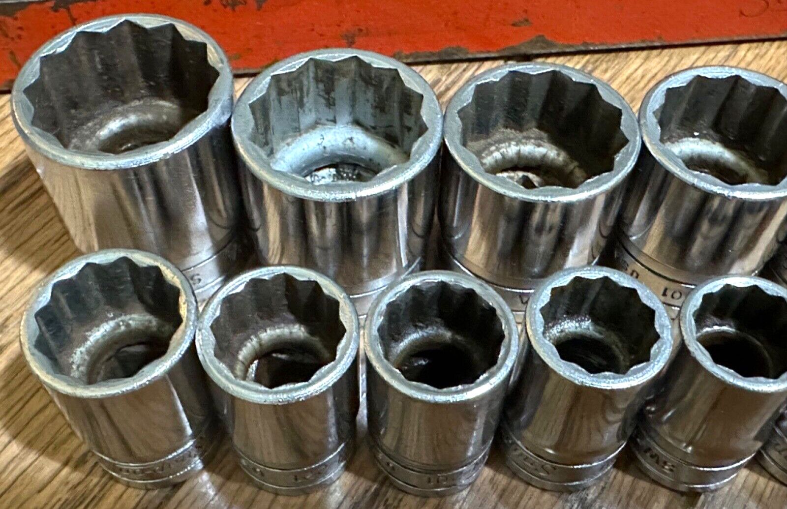 Snap On Tools USA 1/2″ Shallow SAE 3/8″- 1-1/8″ Socket Set Lot 12-PT Red Tray
