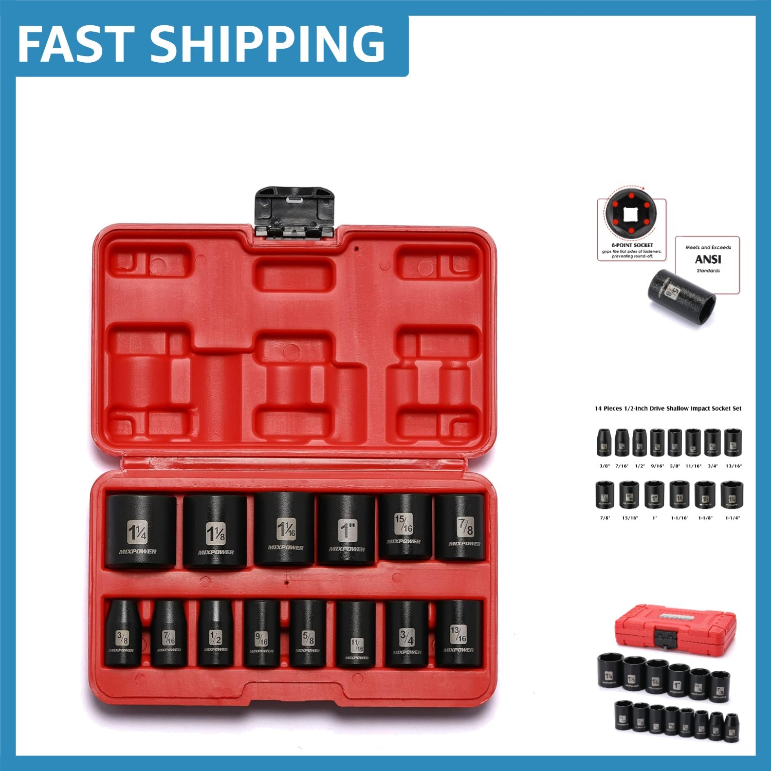 Durable 14-Piece 1/2-Inch Drive Shallow Socket Set with Black Phosphate Finish