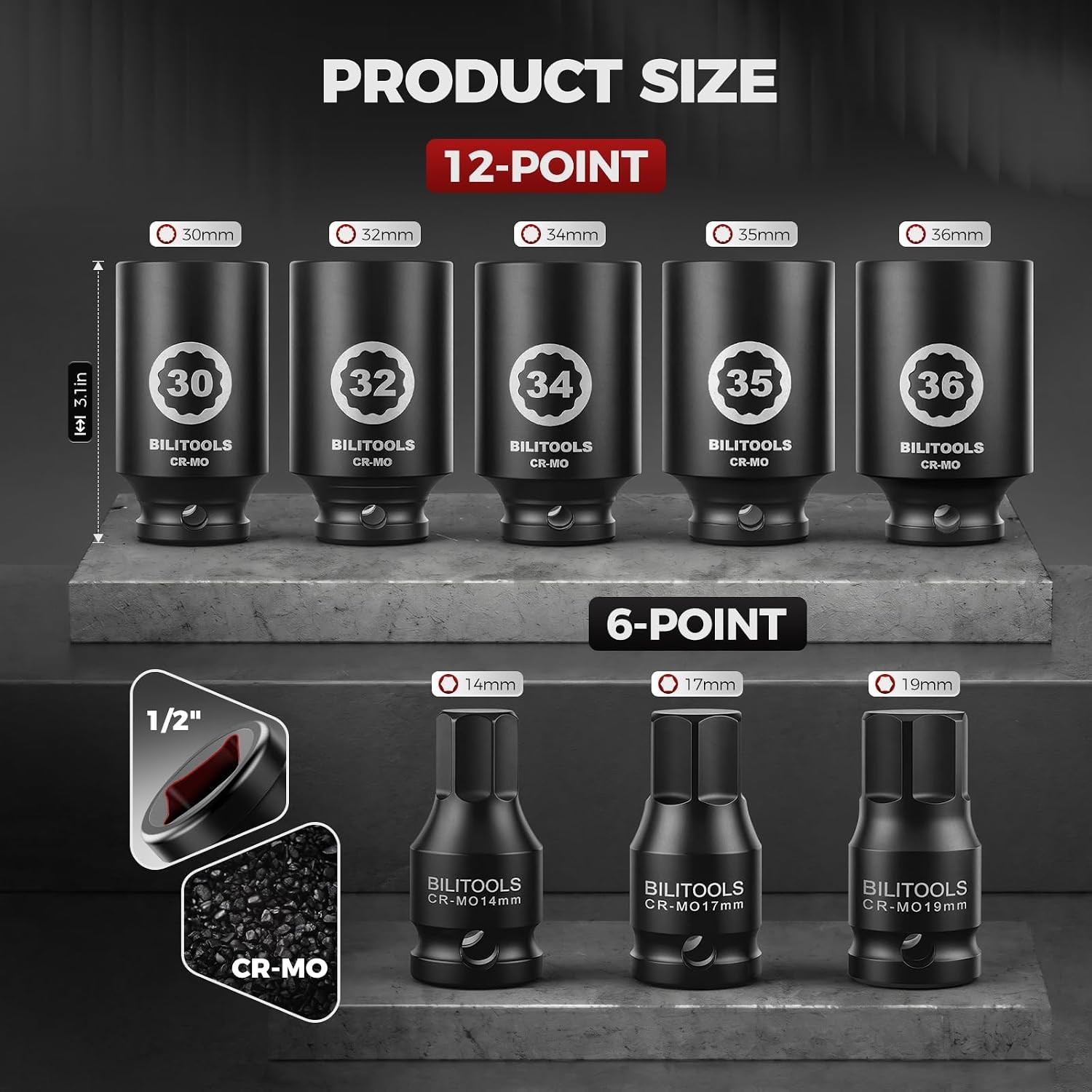 12 Point Axle Nut Socket Set 1/2″ Drive Spindle for Wheel Bearing & CV Impact