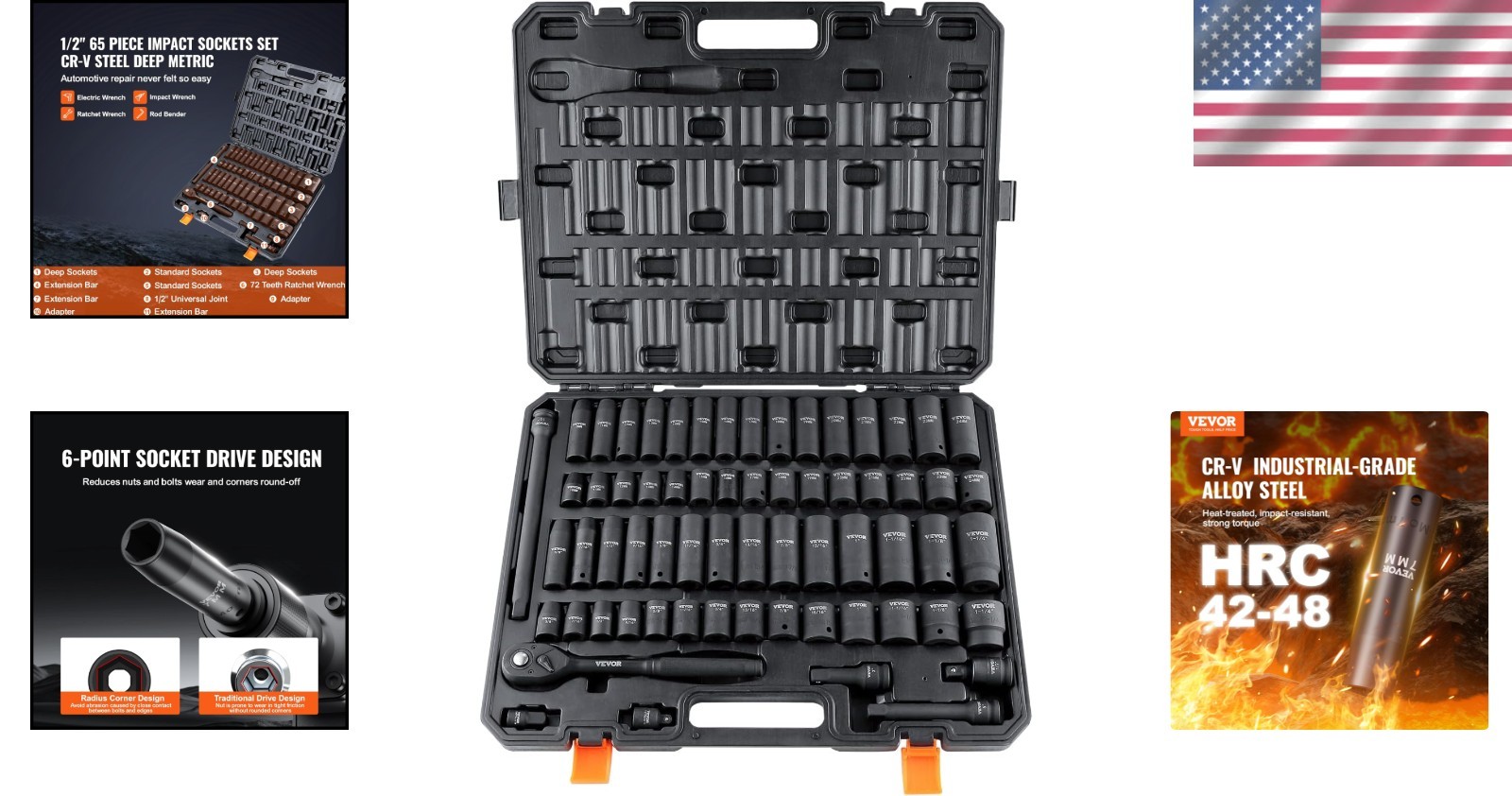 65-Piece Impact Socket Set for Auto Repair, 1/2″ Drive, Cr-V
