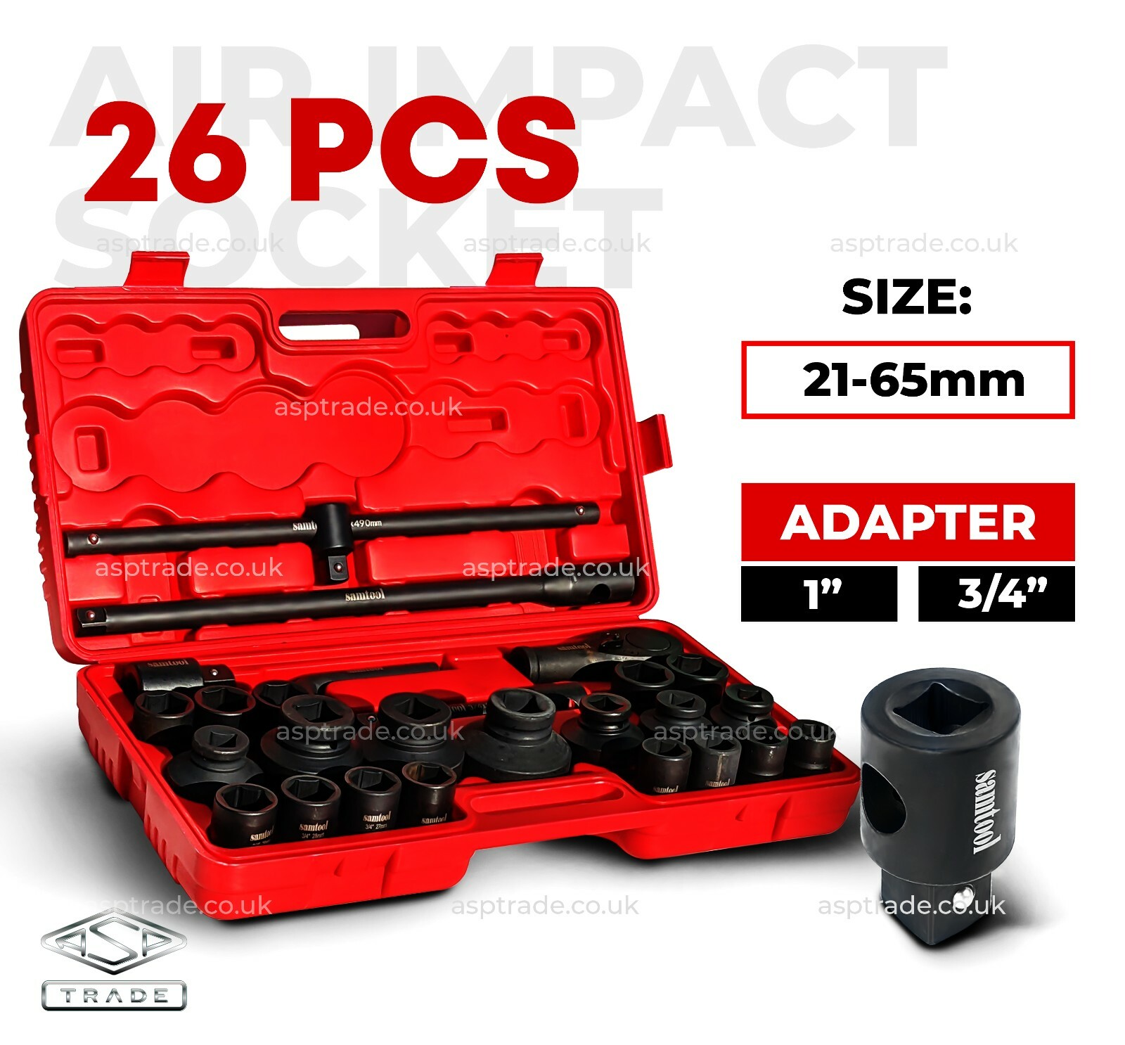 26-pcs 3/4 Inch Drive Metric Deep Impact Socket Set 21-65mm 1 Inch Adapter UK