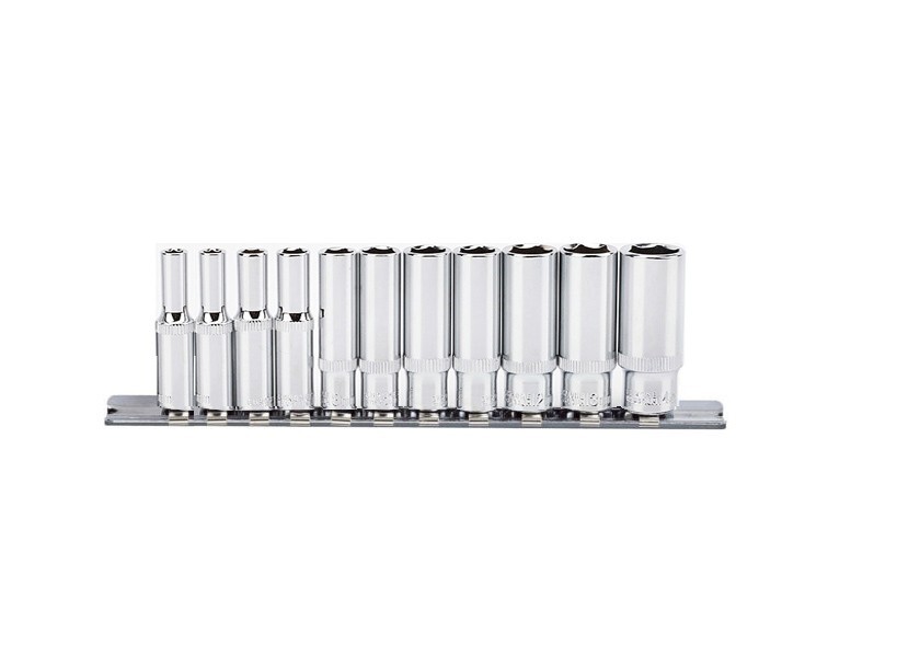 11pc Cr-V 1/4″ Dr 6pt 50mm Length Deep Socket Set: 4-5-6-7-8-9-10-11-12-13-14mm