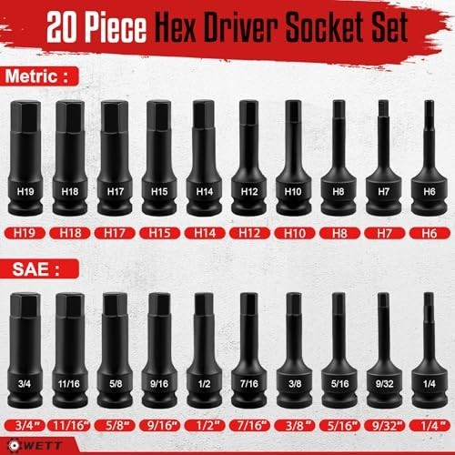 20-Piece 1/2″ Drive Impact Hex Bit Socket Set, CR-V Steel, SAE & Metric Sizes