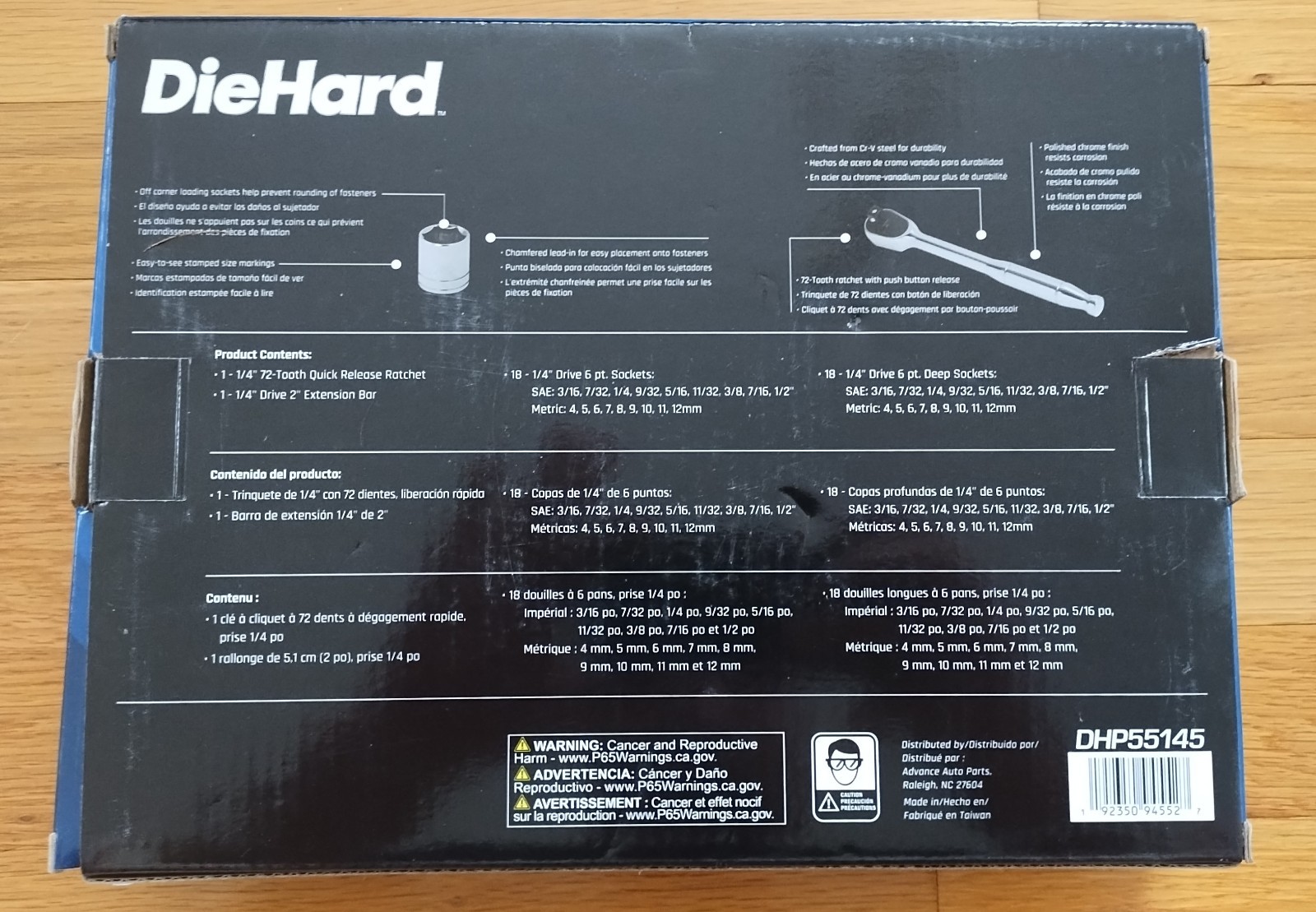 NEW DieHard 1/4″ Drive Ratchet Socket Set SAE Metric 72T 38Pc 6 point DHP55145
