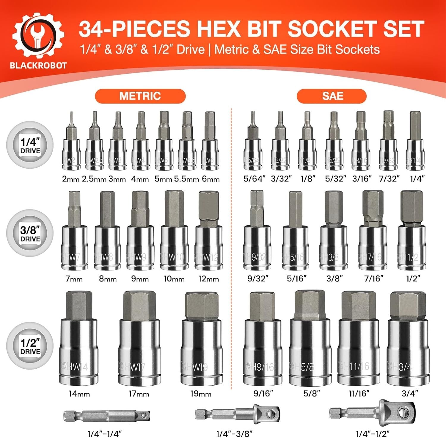 34PCS1/4″ 3/8″ 1/2″ Drive SAE & Metric Size Hex Bit Socket Set S2 Alloy Steel