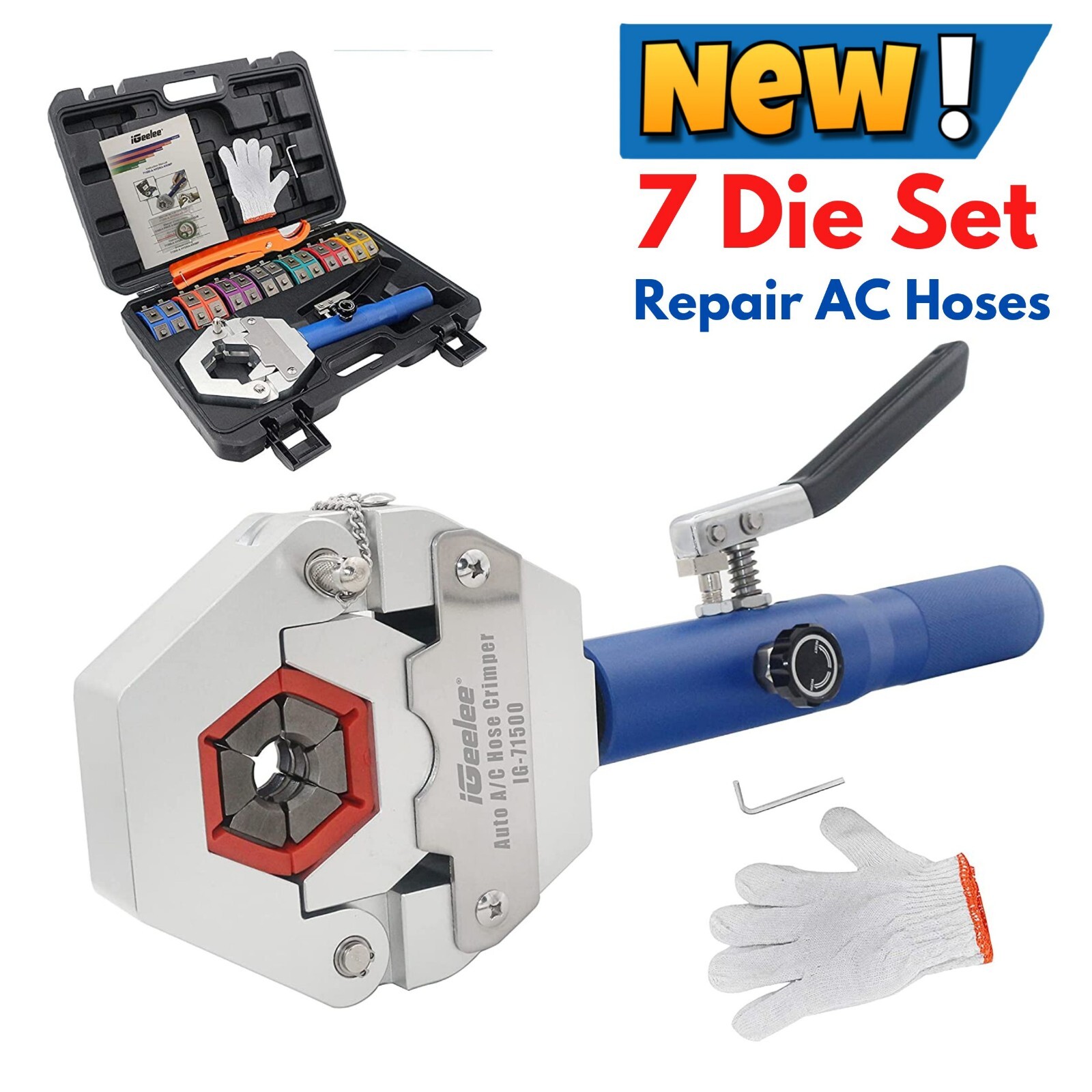 Hydraulic Hose Crimper Tool with 7 Die Set for Vehicle AC Line Fitting Auto Shop