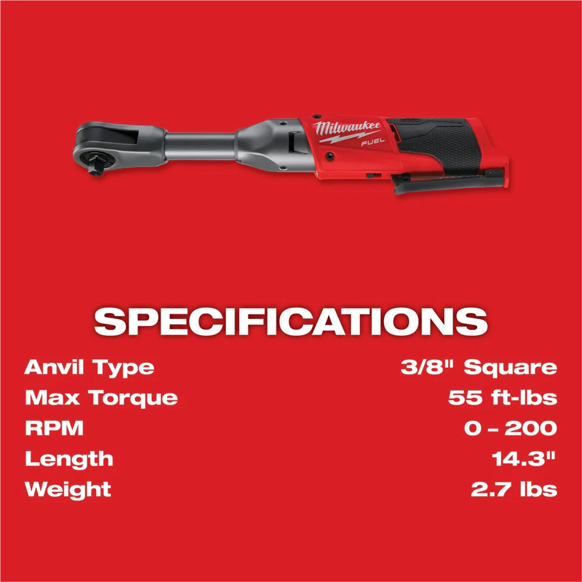 Milwaukee 2560-20 M12 FUEL 3/8″ Extended Reach Ratchet, Cordless Power