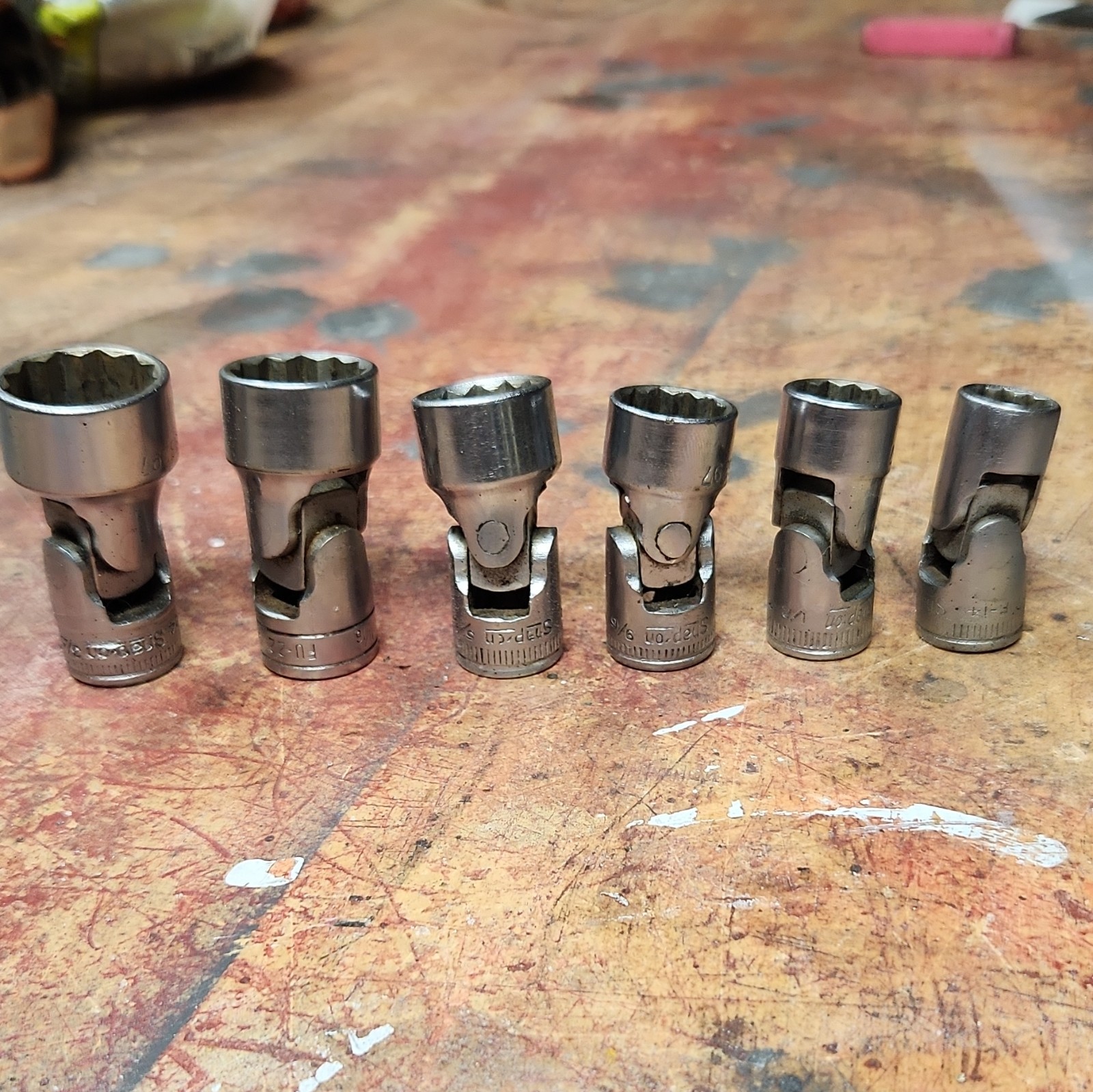 Snap On 3/8 Dr 12 Point SAE Swivel Sockets Six Piece.