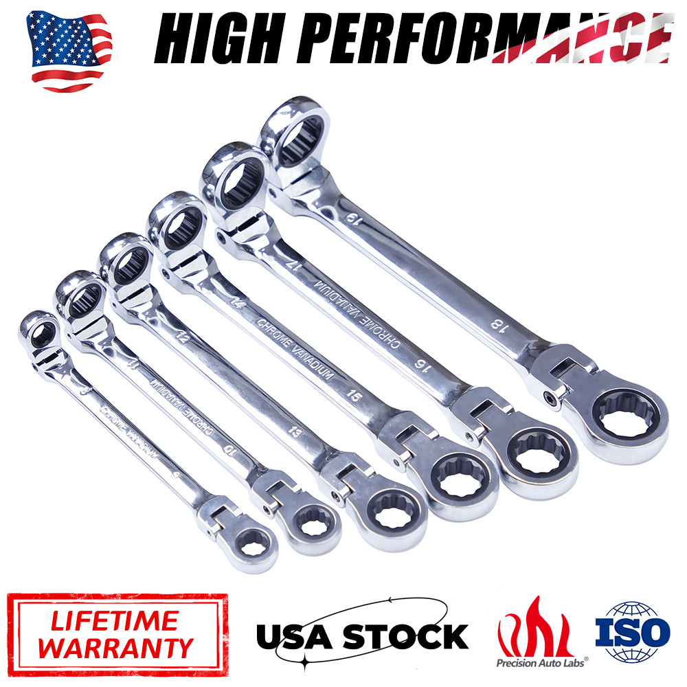 6X Double Box End Ratcheting Wrench Flex-Head Extra Long Spanner Metric 8mm-19mm