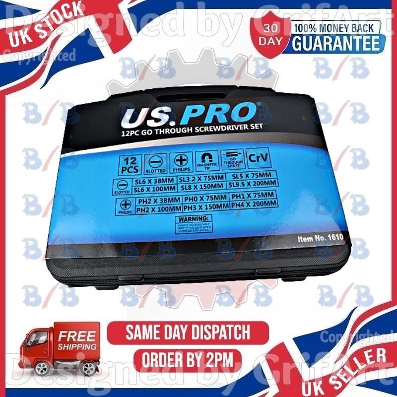 USPRO 12PC GO THROUGH MAGNETIC SCREWDRIVER SET PHILLIPS SLOTTED FLAT HEAD & CASE