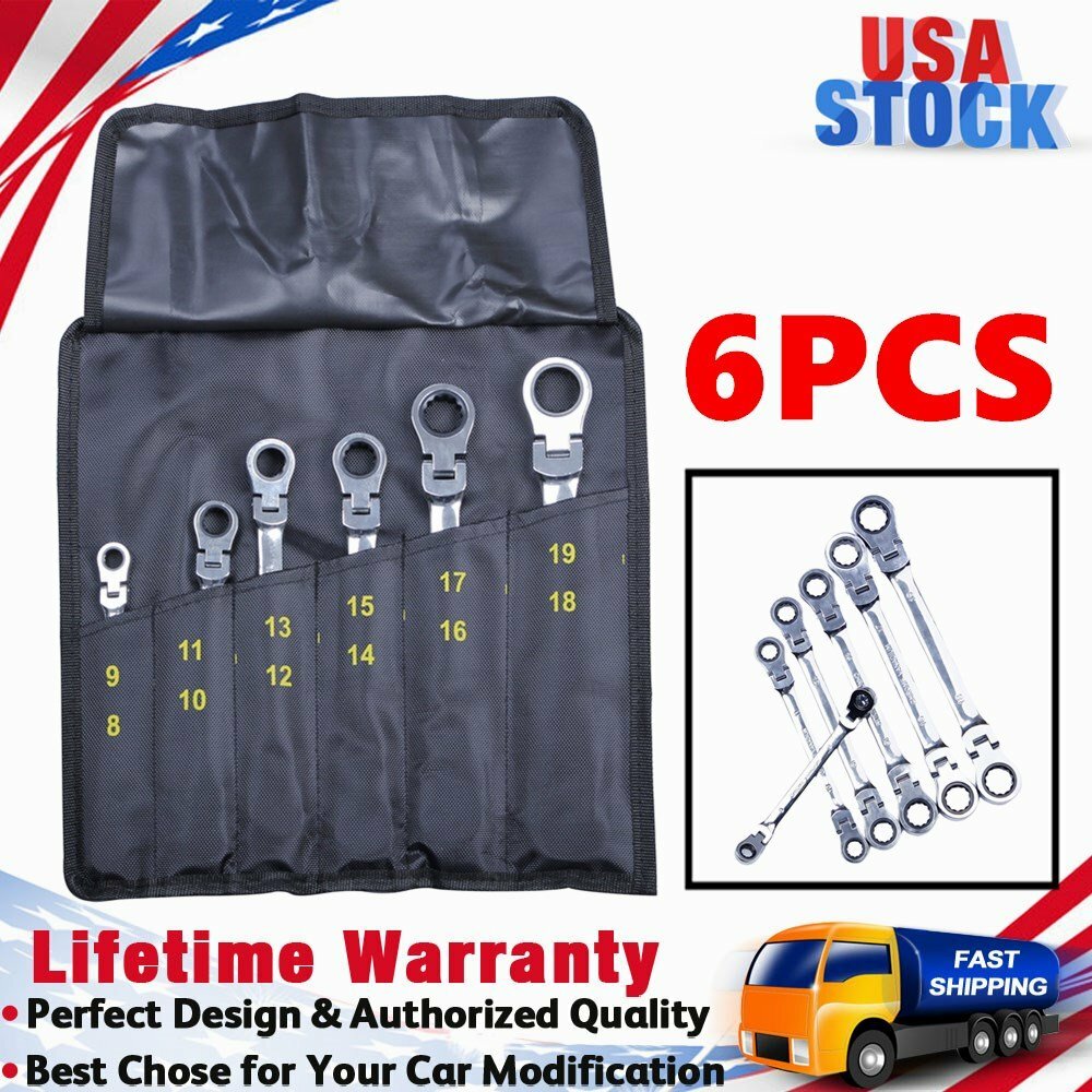 6 PCS Double Box End Metric Ratcheting Wrench Flex-Head Heavy Duty Spanner Set