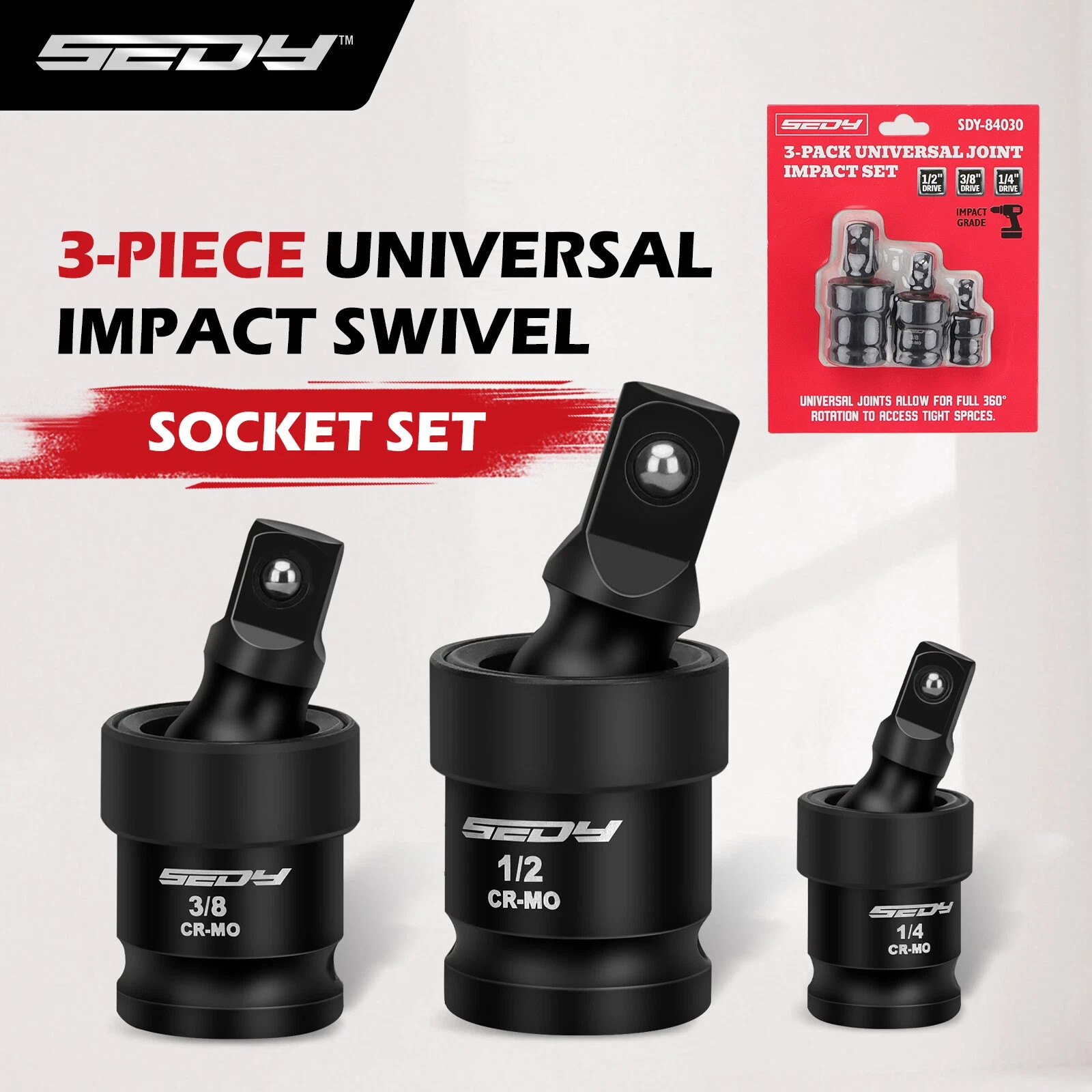 3PCS Impact Universal Joint Swivel Socket Adapter Set 1/4″ 3/8” 1/2″ Drive 360°