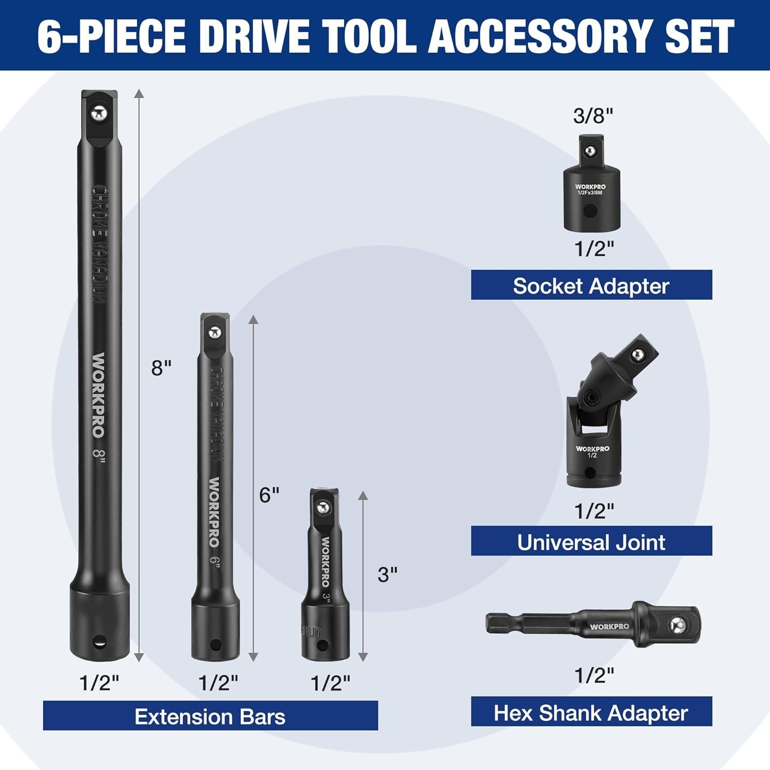 WORKPRO 6-Piece 1/2″ Drive Impact Socket Extension Set, Includes 3″, 6″, 8″ Exte