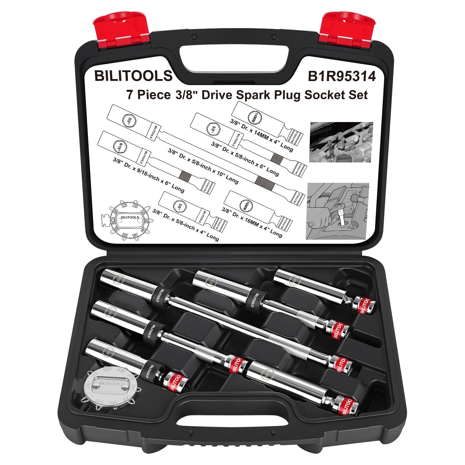 7pcs Magnetic Swivel Spark Plug Socket Set & Gap Tool, 3/8″ Drive, CR-V Steel, R