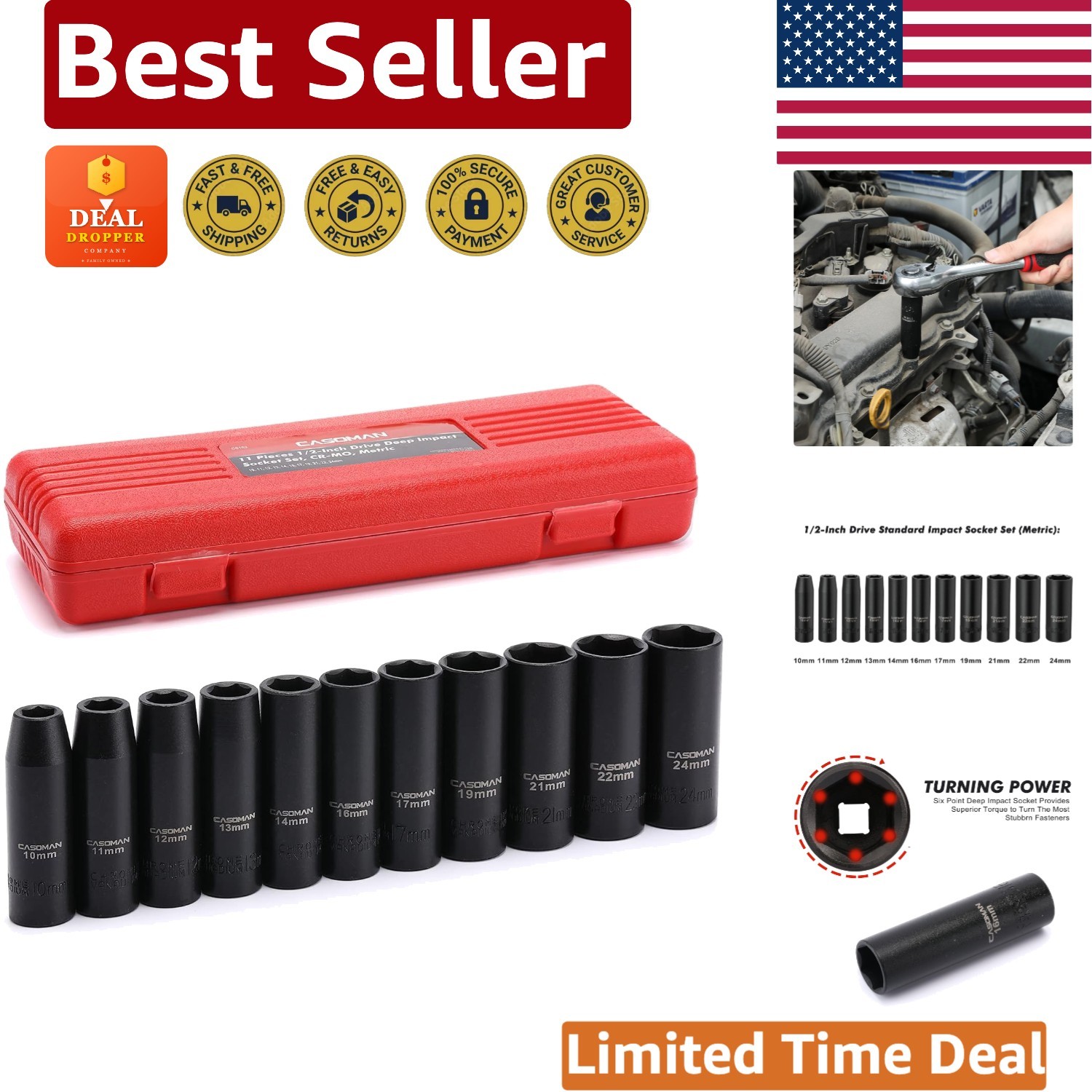 Professional 1/2-Inch Drive Deep Impact Socket Set – 11 Pieces, Metric Sizes