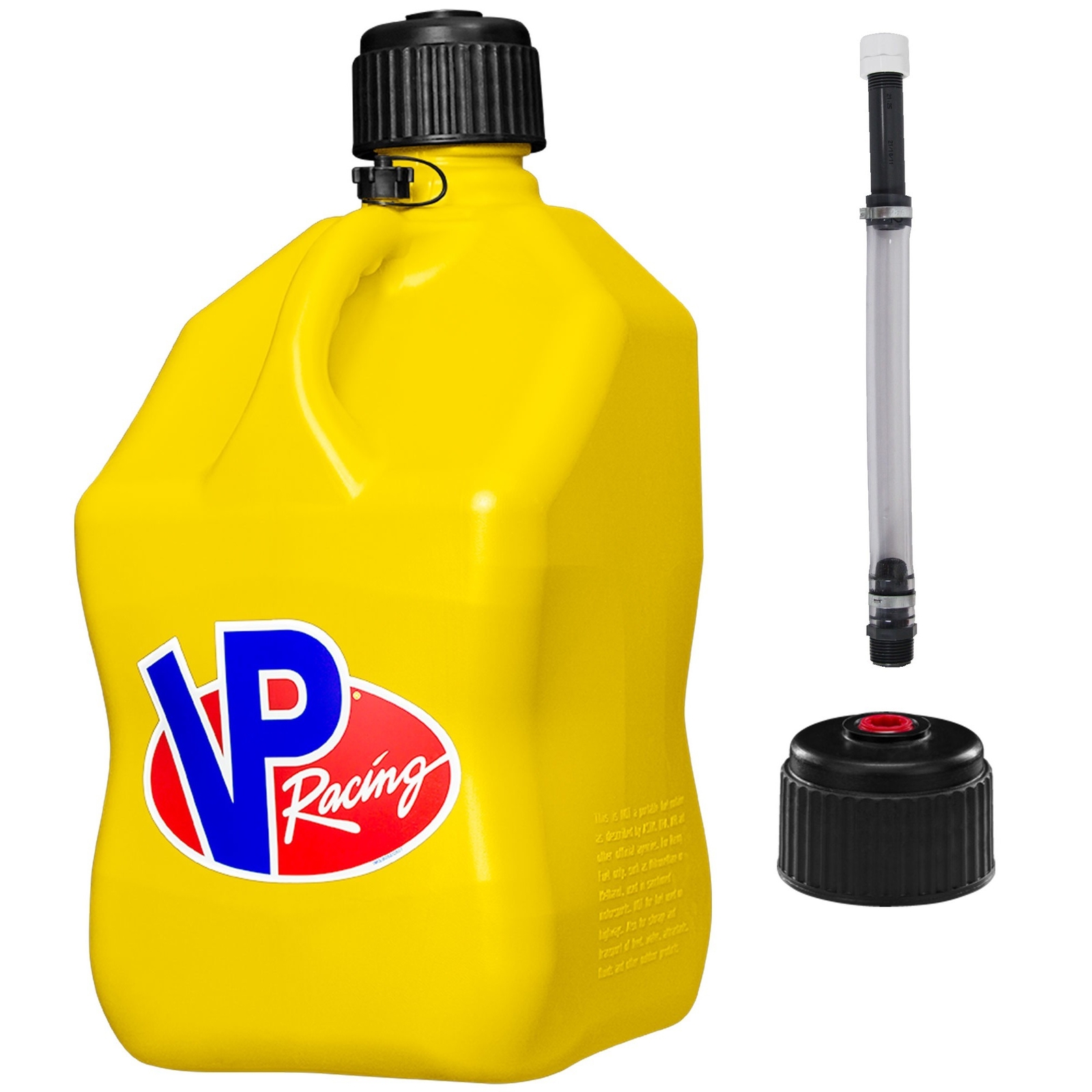 VP Racing Square Fuel Jug 5 Gallon Yellow – With Spare Cap and Filler Hose