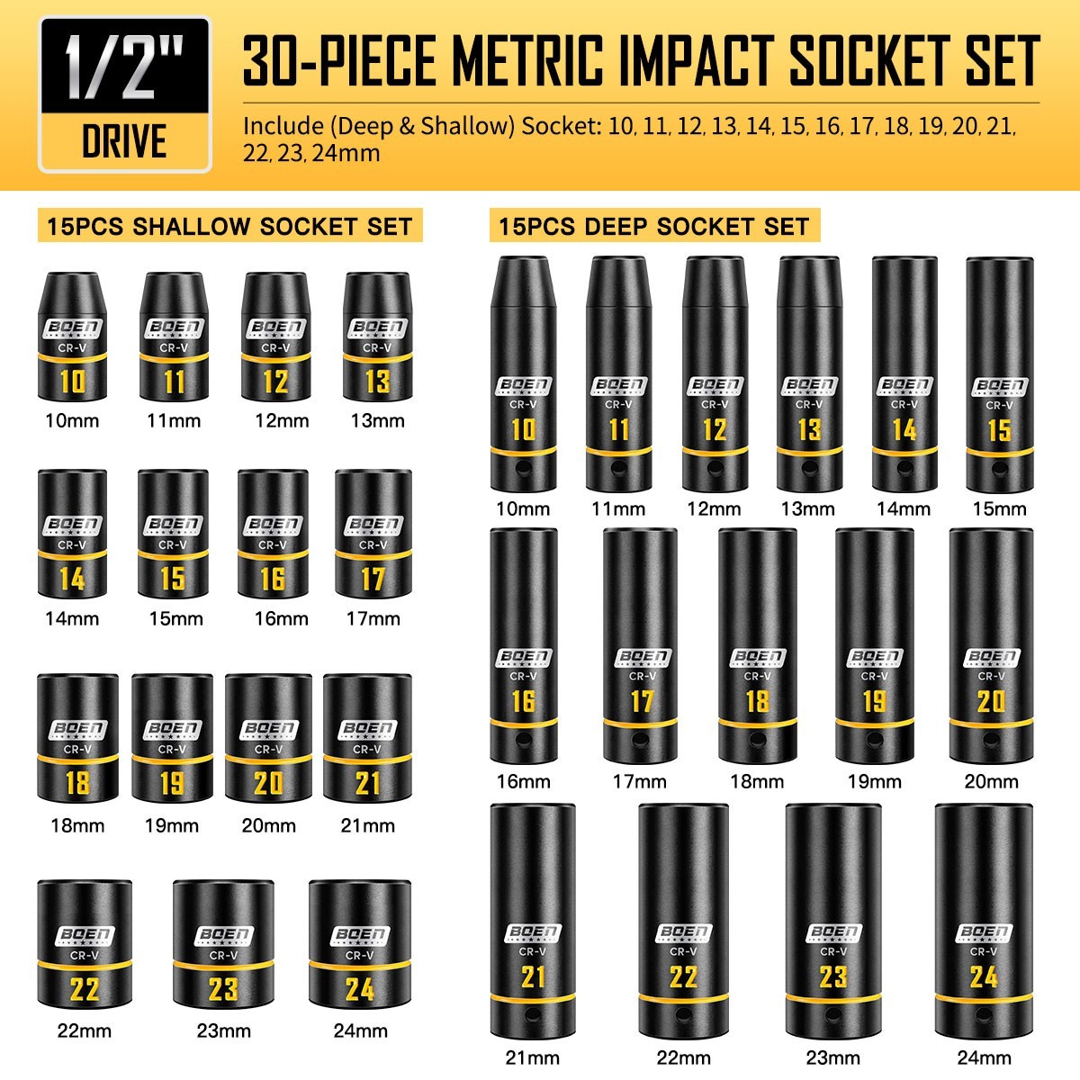 1/2″ Drive Impact Socket Set, 65-Pcs SAE (3/8″ to 1-1/4″) & Metric (10mm-24mm)