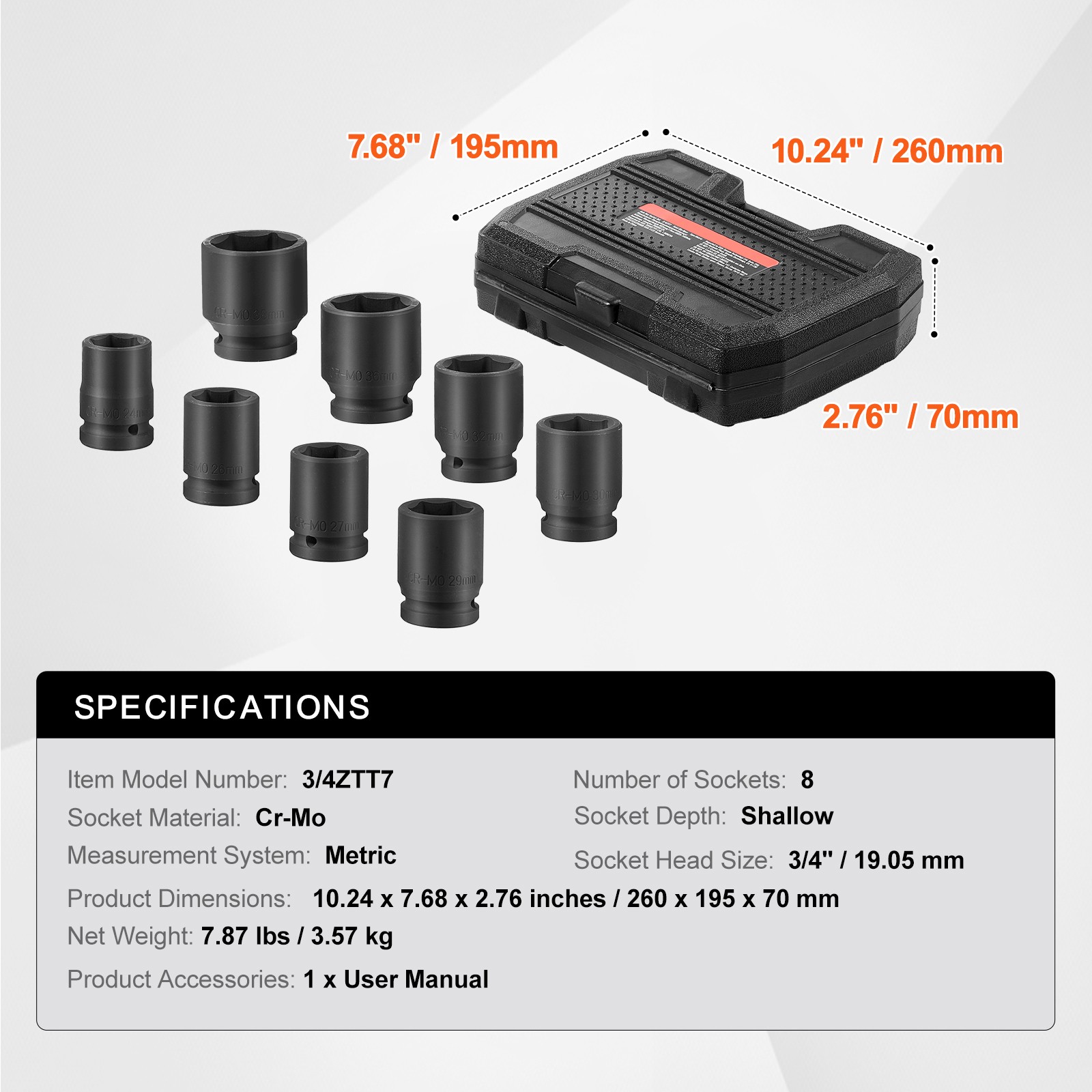 Uimoso 8PCS 3/4″ Drive 6-Point Metric Axle Nut Socket Set
