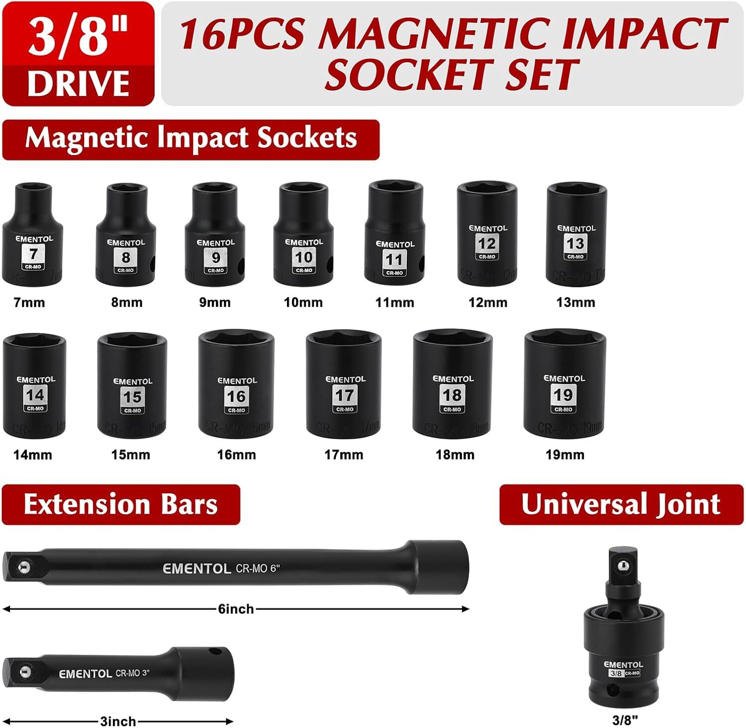 16PCS 3/8″ Drive Magnetic Impact Socket Set 7-19mm 6Point Cr-Mo & Extension Bar
