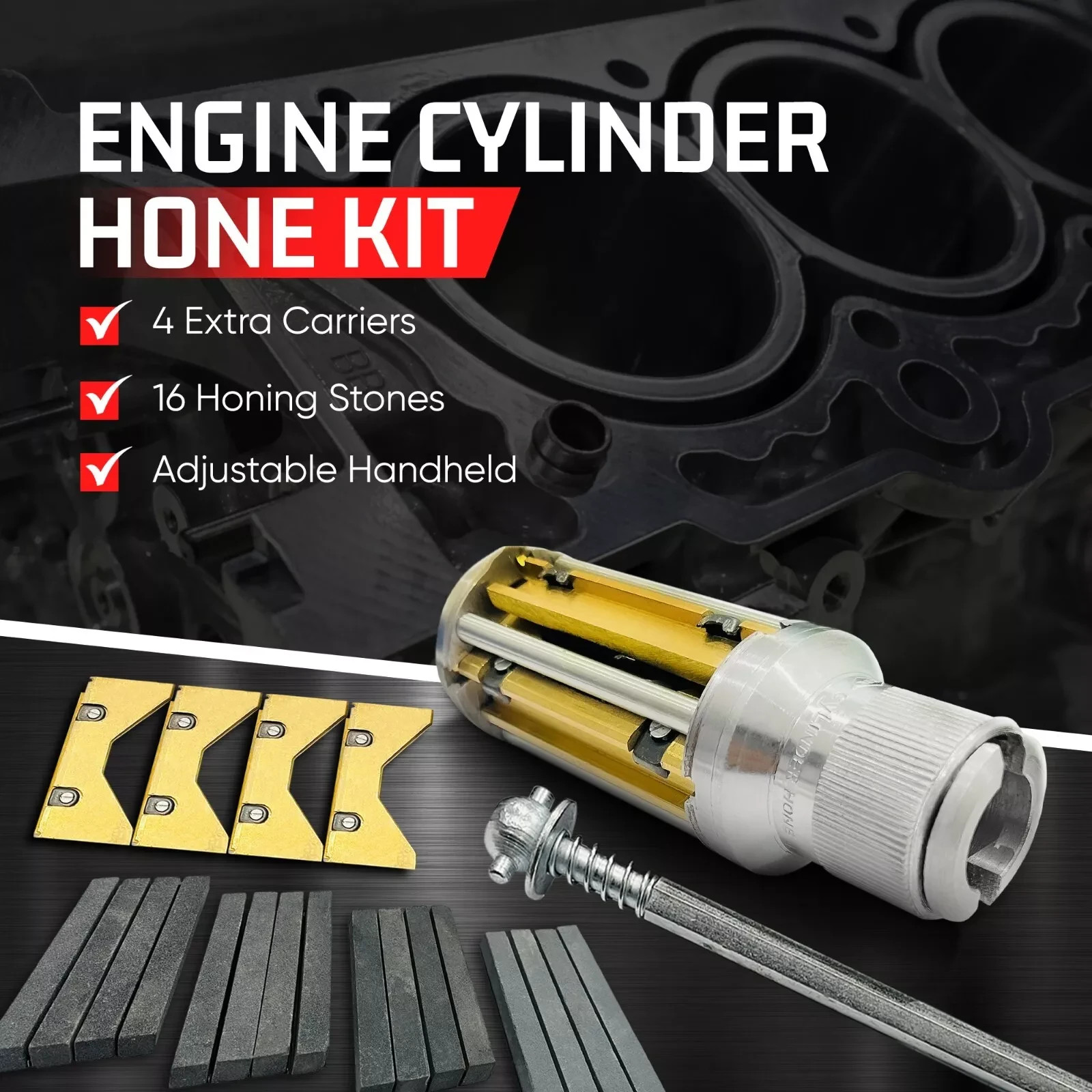 New Cylinder Engine Hone Kit 3-1/2″ To 6-1/2″ Honing Machine + 4 Grit Stones