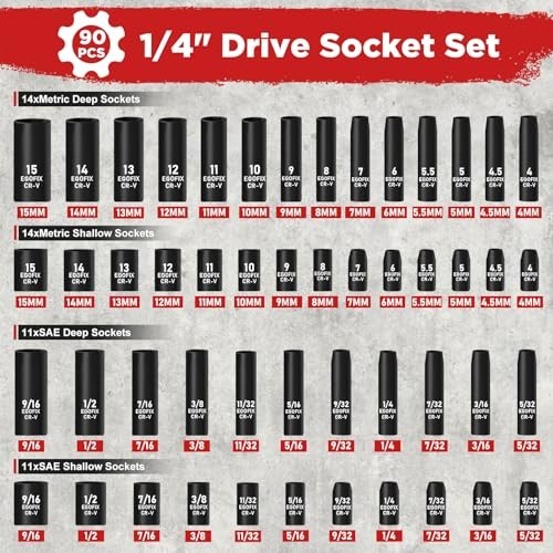 1/4 Inch Drive Impact Socket Set 90 Piece Metric SAE Ratchet Bit Kit for