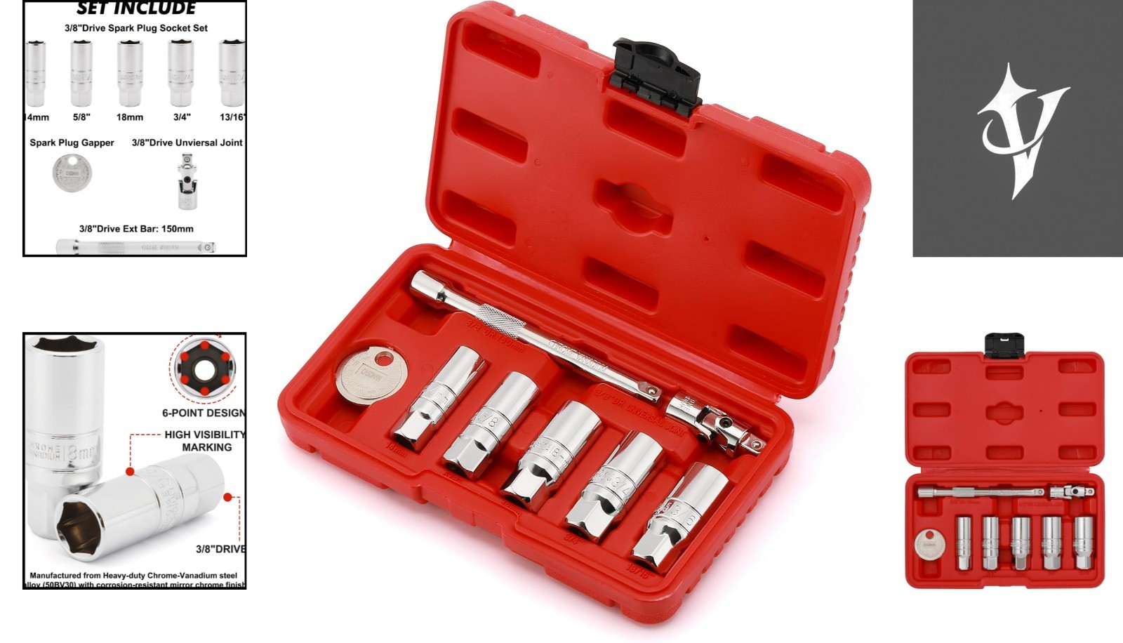 Precision Spark Plug Socket Set with 6-Inch Extension – 3/8-Inch Drive, 8 Pieces