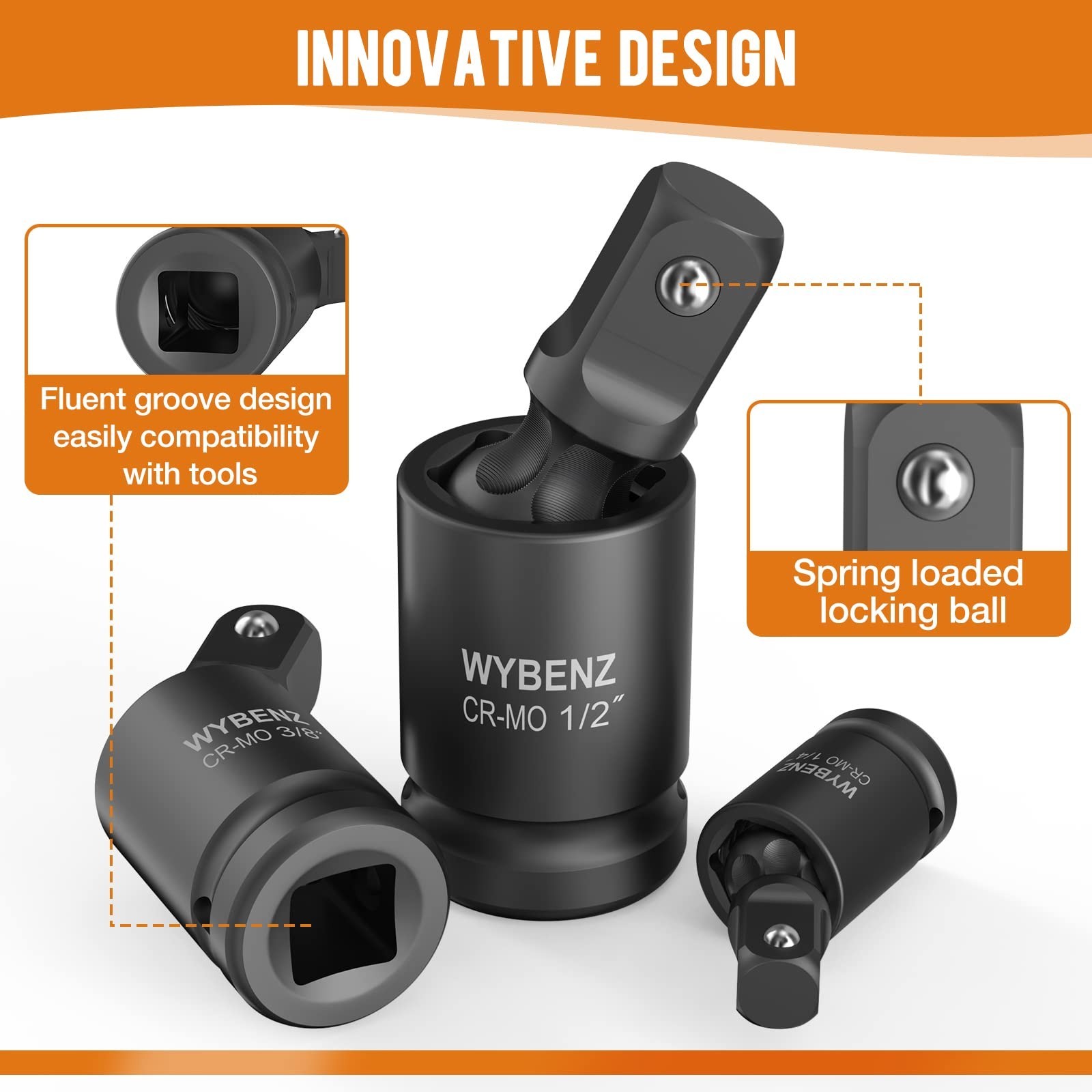Universal Joint Swivel Socket Adapter Set – 3 Pcs 1/4″, 3/8″, 1/2″ Impact Wrench