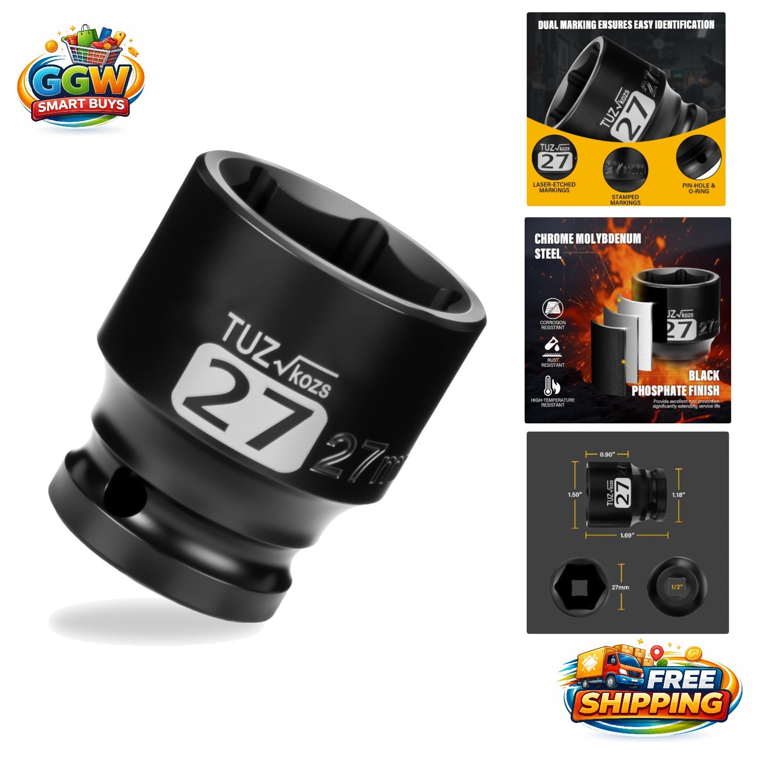 Durable 1/2 Inch Drive 27mm Shallow Impact Socket – Corrosion-Resistant Design
