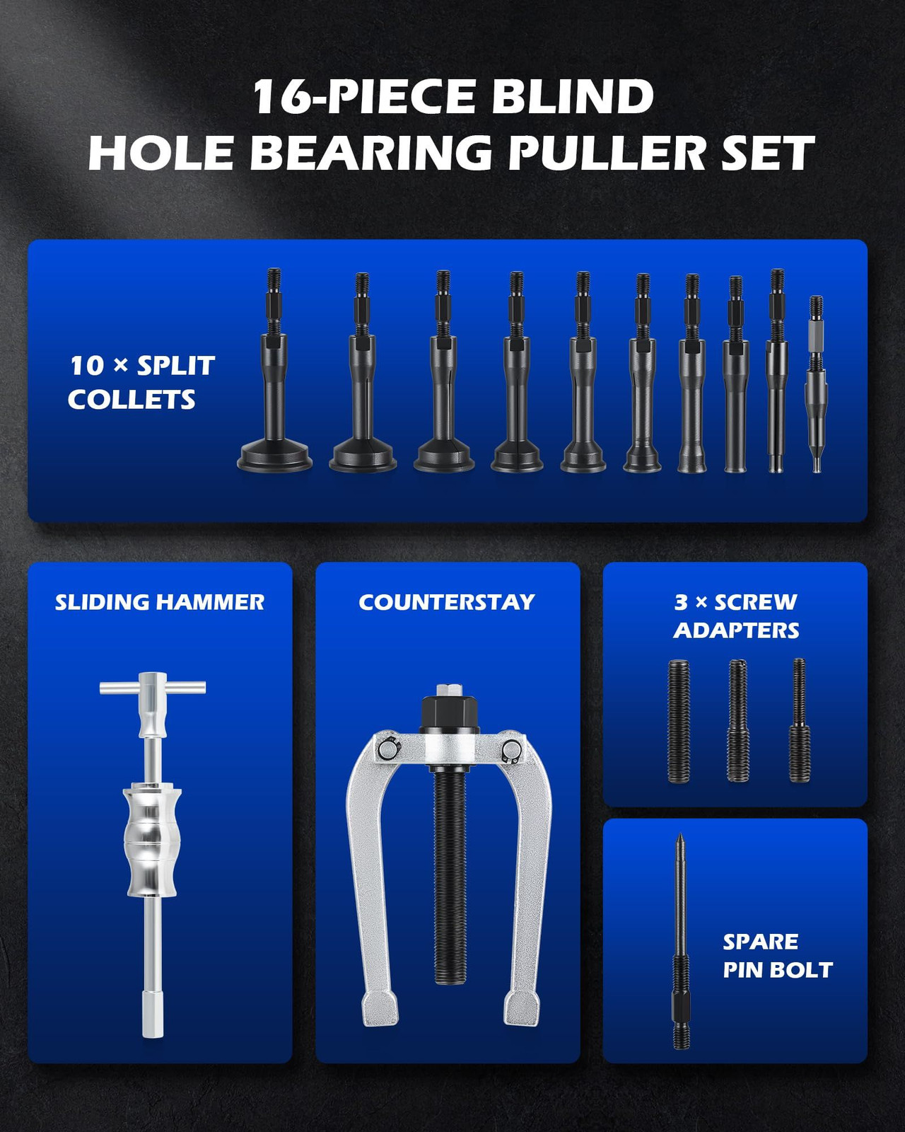 Orion Motor Tech Blind Hole Collet Bearing Race and Seal Puller 16PCS, blue