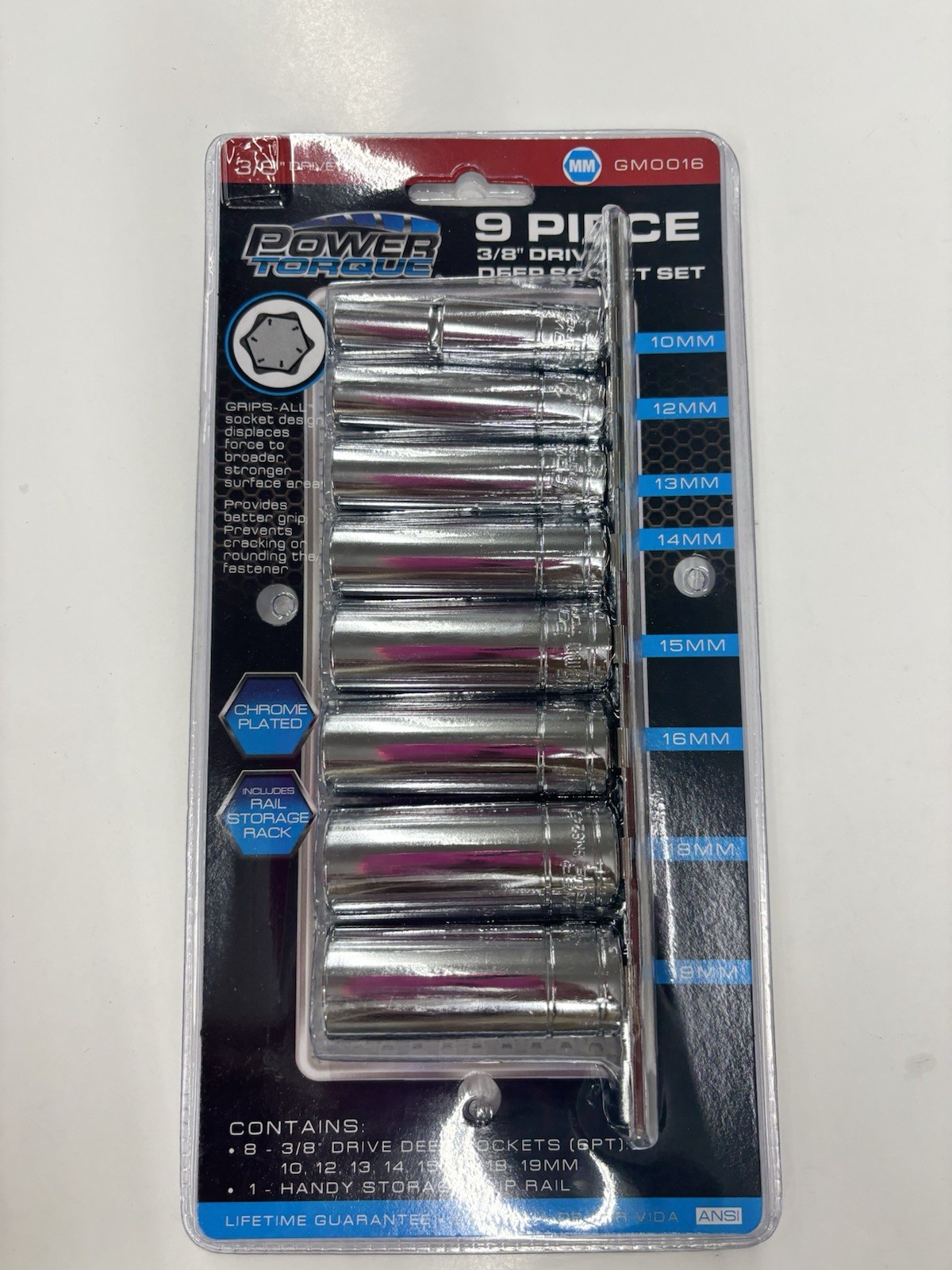Power Torque GM0016 9 Piece 3/8″ Drive Deep 6 Point Metric Socket Set 10mm-19mm